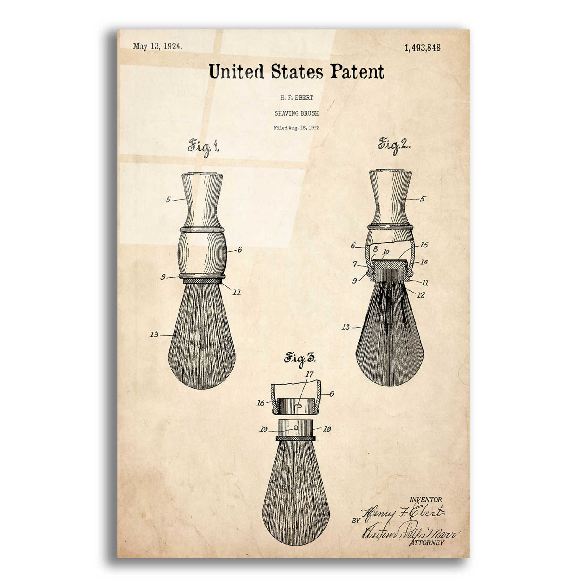 Epic Art 'Shaving Brush Blueprint Patent Parchment,' Acrylic Glass Wall Art,12x16x1.1x0,18x26x1.1x0,26x34x1.74x0,40x54x1.74x0