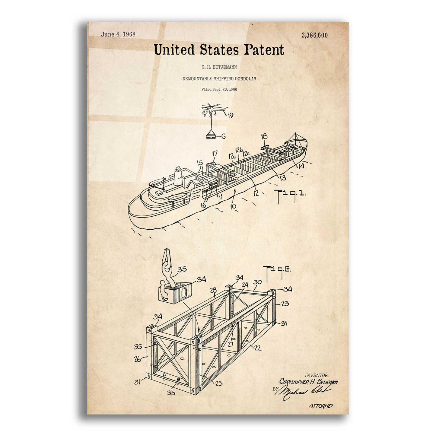 Epic Art 'Shipping Gondola Blueprint Patent Parchment,' Acrylic Glass Wall Art,12x16