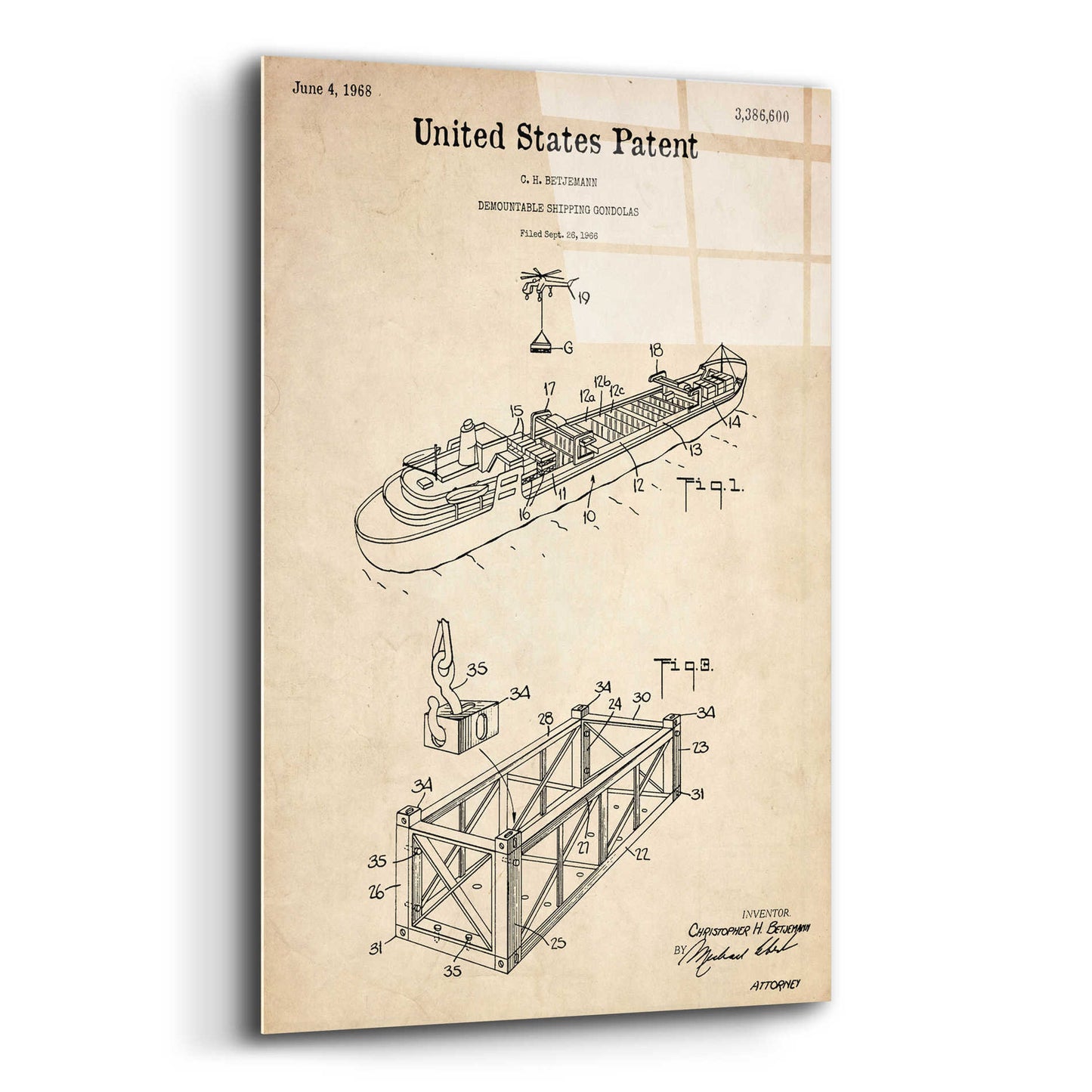 Epic Art 'Shipping Gondola Blueprint Patent Parchment,' Acrylic Glass Wall Art,16x24