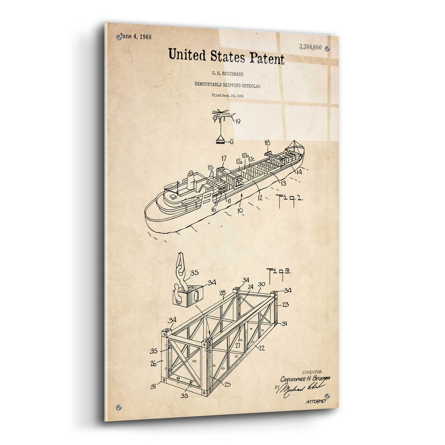 Epic Art 'Shipping Gondola Blueprint Patent Parchment,' Acrylic Glass Wall Art,24x36