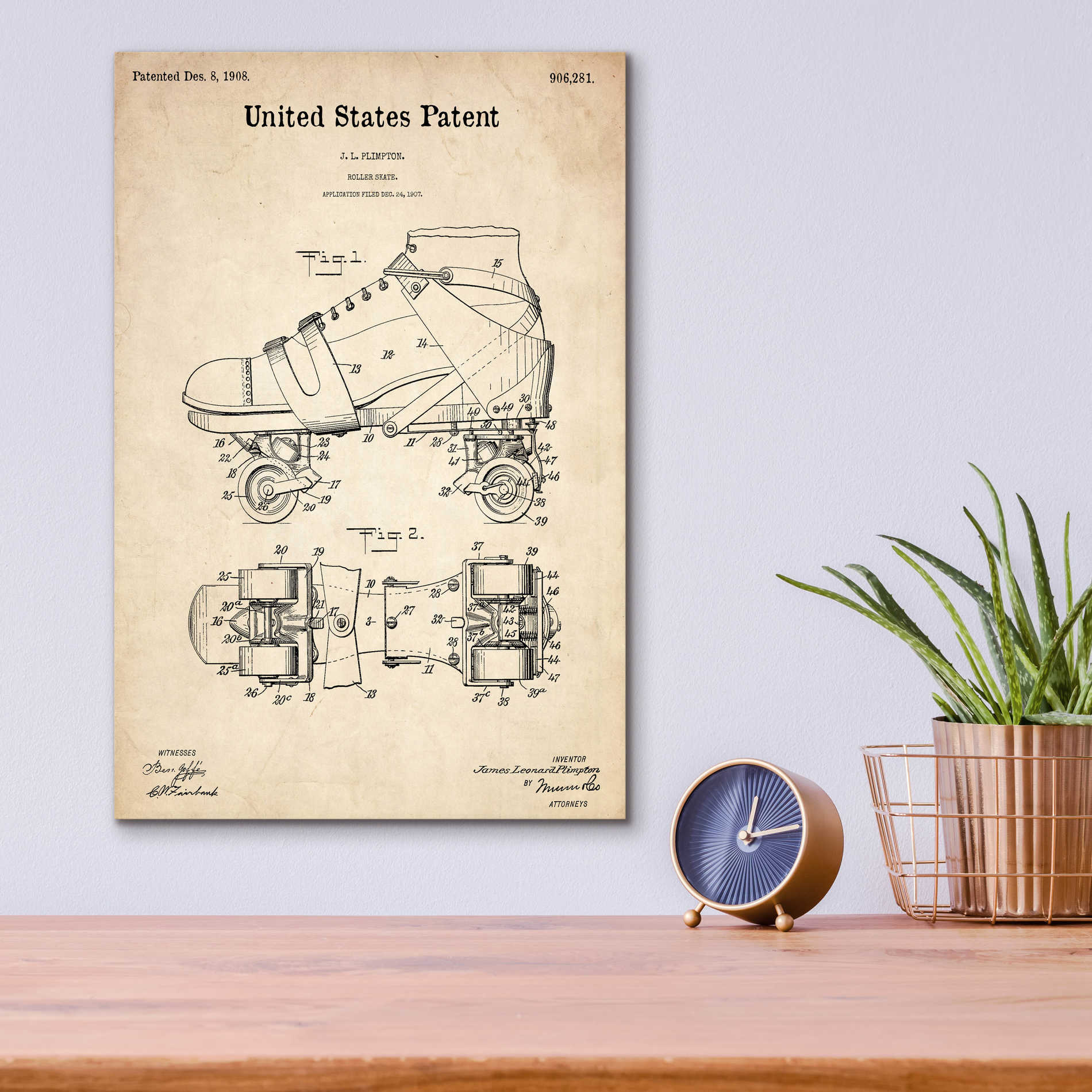 Epic Art 'Roller Skate Blueprint Patent Parchment,' Acrylic Glass Wall Art,12x16