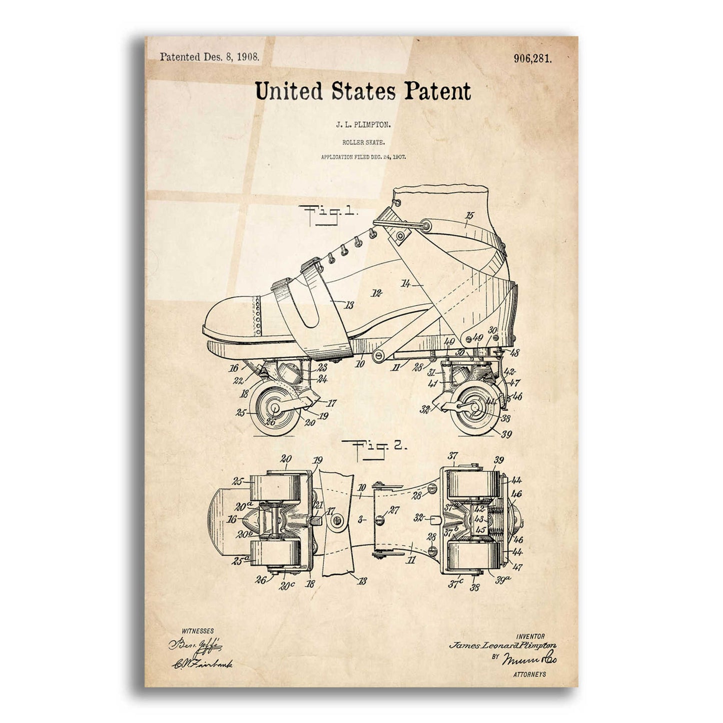 Epic Art 'Roller Skate Blueprint Patent Parchment,' Acrylic Glass Wall Art,12x16