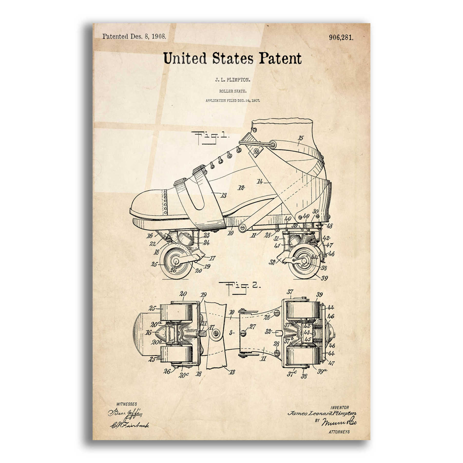 Epic Art 'Roller Skate Blueprint Patent Parchment,' Acrylic Glass Wall Art,12x16