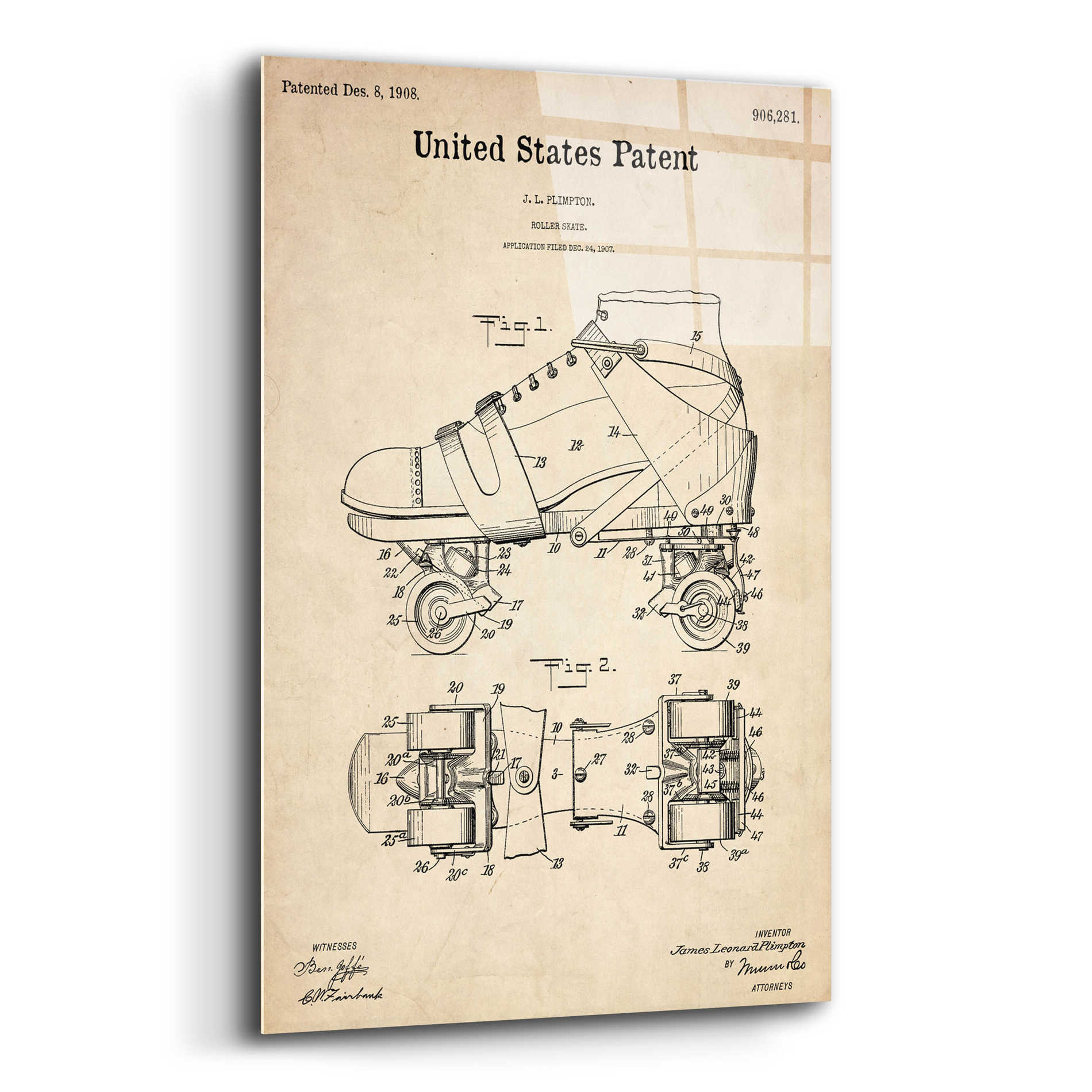 Epic Art 'Roller Skate Blueprint Patent Parchment,' Acrylic Glass Wall Art,16x24