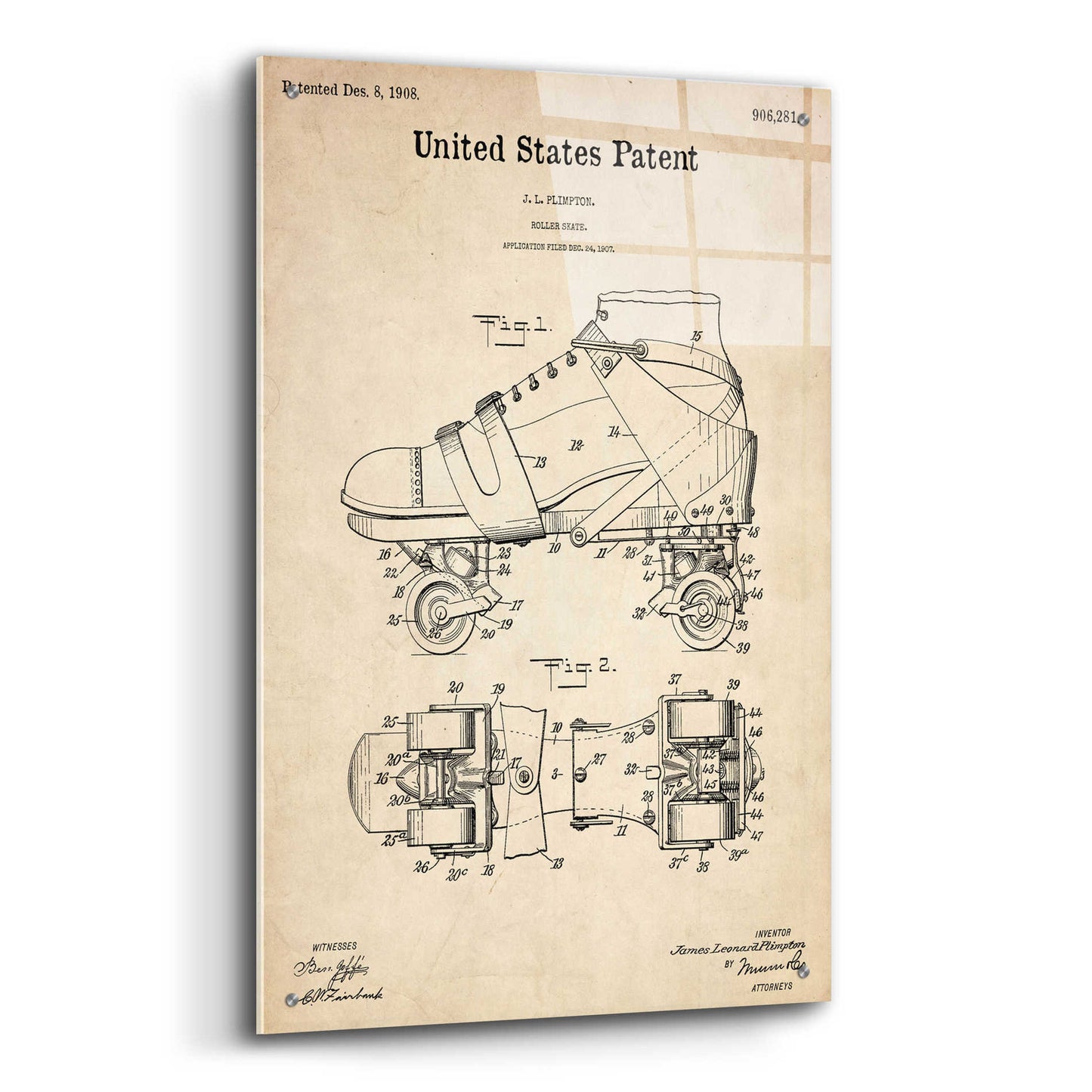 Epic Art 'Roller Skate Blueprint Patent Parchment,' Acrylic Glass Wall Art,24x36