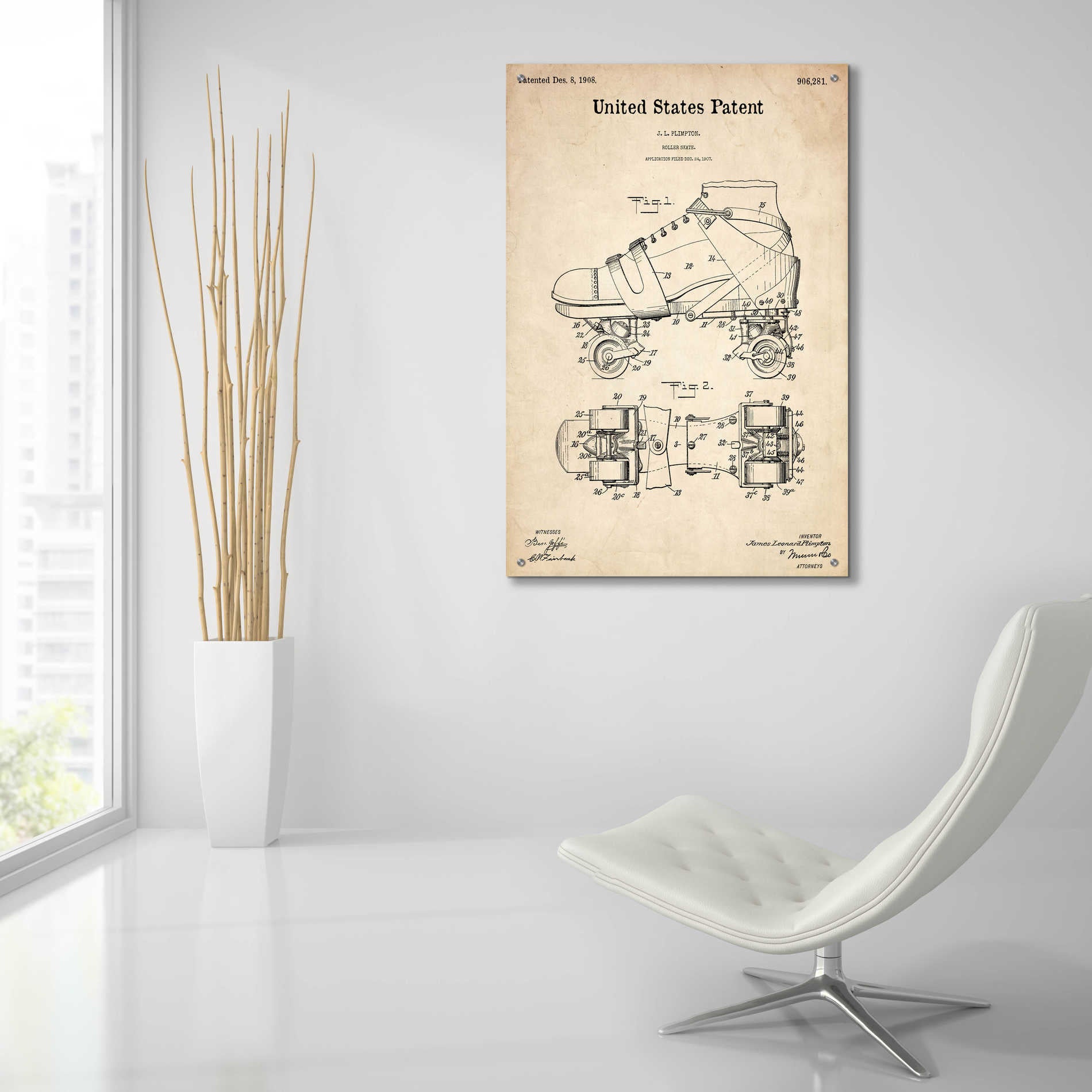 Epic Art 'Roller Skate Blueprint Patent Parchment,' Acrylic Glass Wall Art,24x36