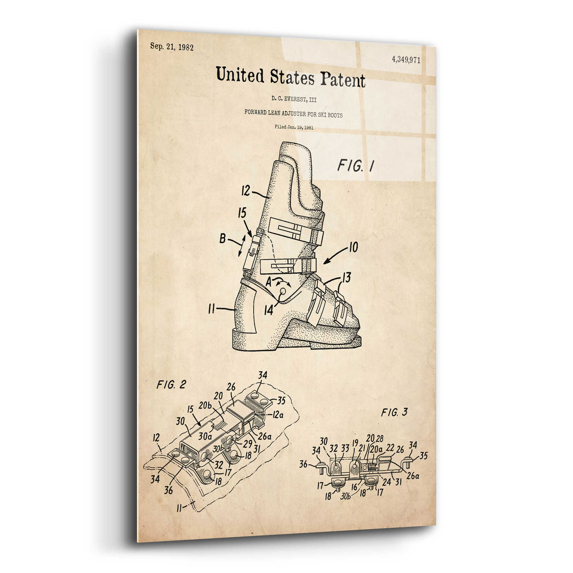 Epic Art 'Ski Boots Blueprint Patent Parchment,' Acrylic Glass Wall Art,12x16