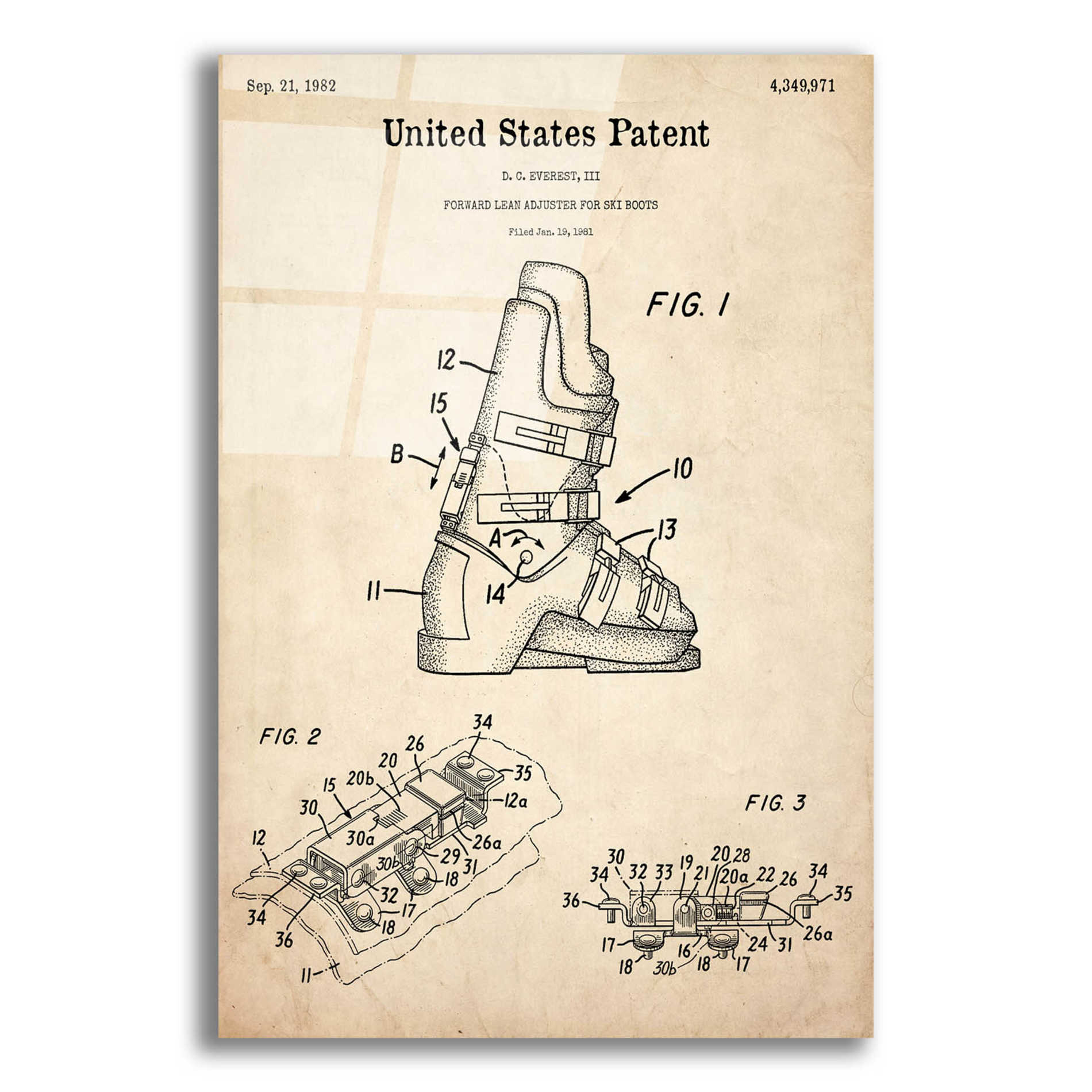 Epic Art 'Ski Boots Blueprint Patent Parchment,' Acrylic Glass Wall Art,12x16x1.1x0,18x26x1.1x0,26x34x1.74x0,40x54x1.74x0