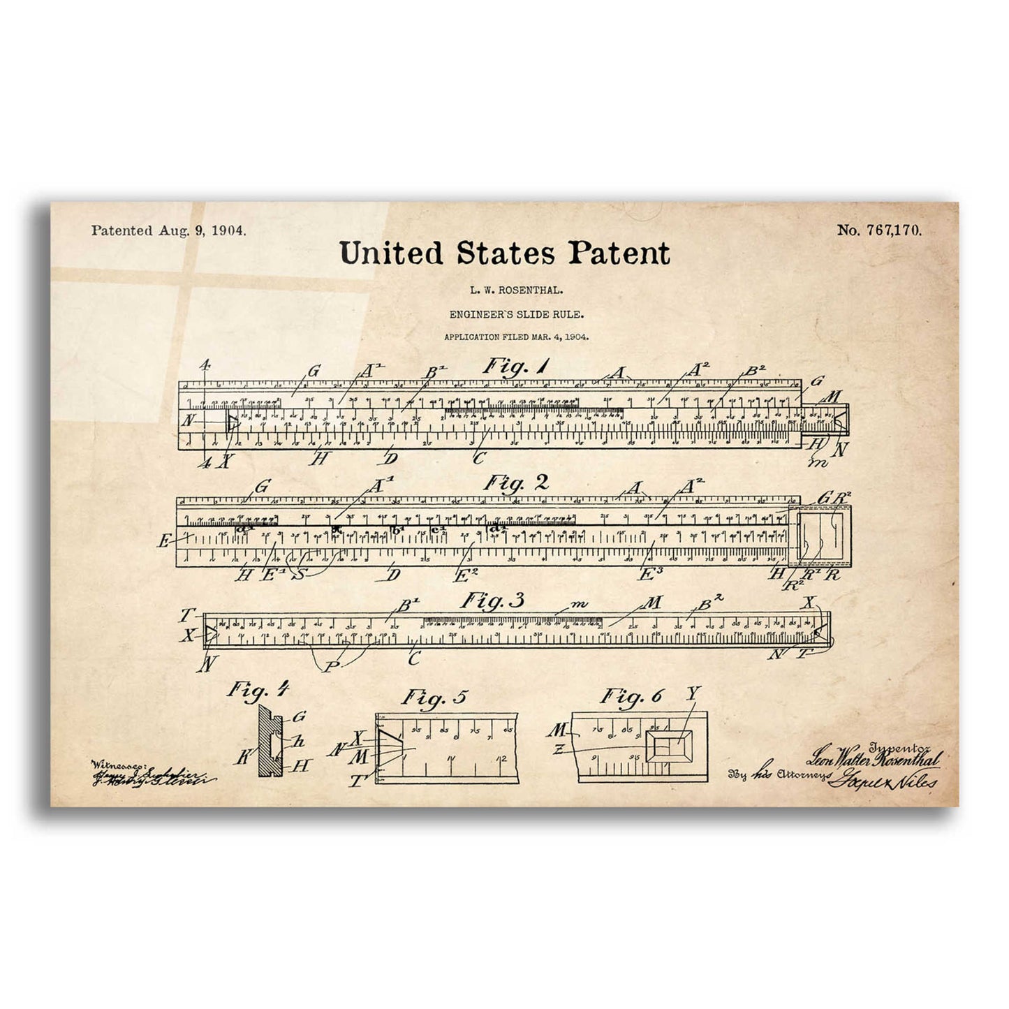 Epic Art 'Slide Rule Blueprint Patent Parchment,' Acrylic Glass Wall Art,16x12x1.1x0,26x18x1.1x0,34x26x1.74x0,54x40x1.74x0