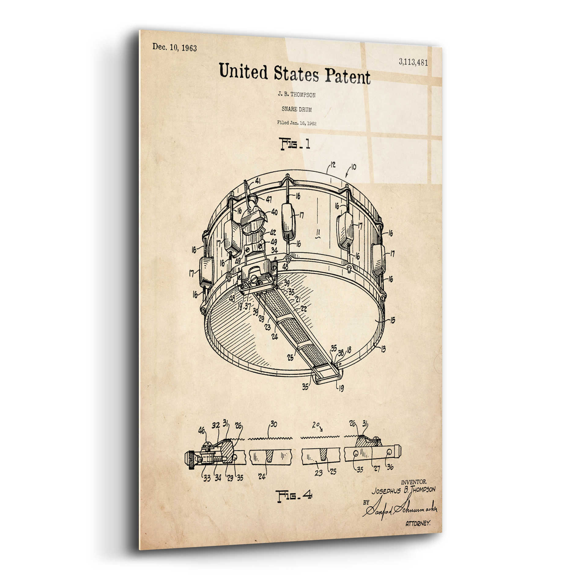 Epic Art 'Snare Drum Blueprint Patent Parchment,' Acrylic Glass Wall Art,12x16