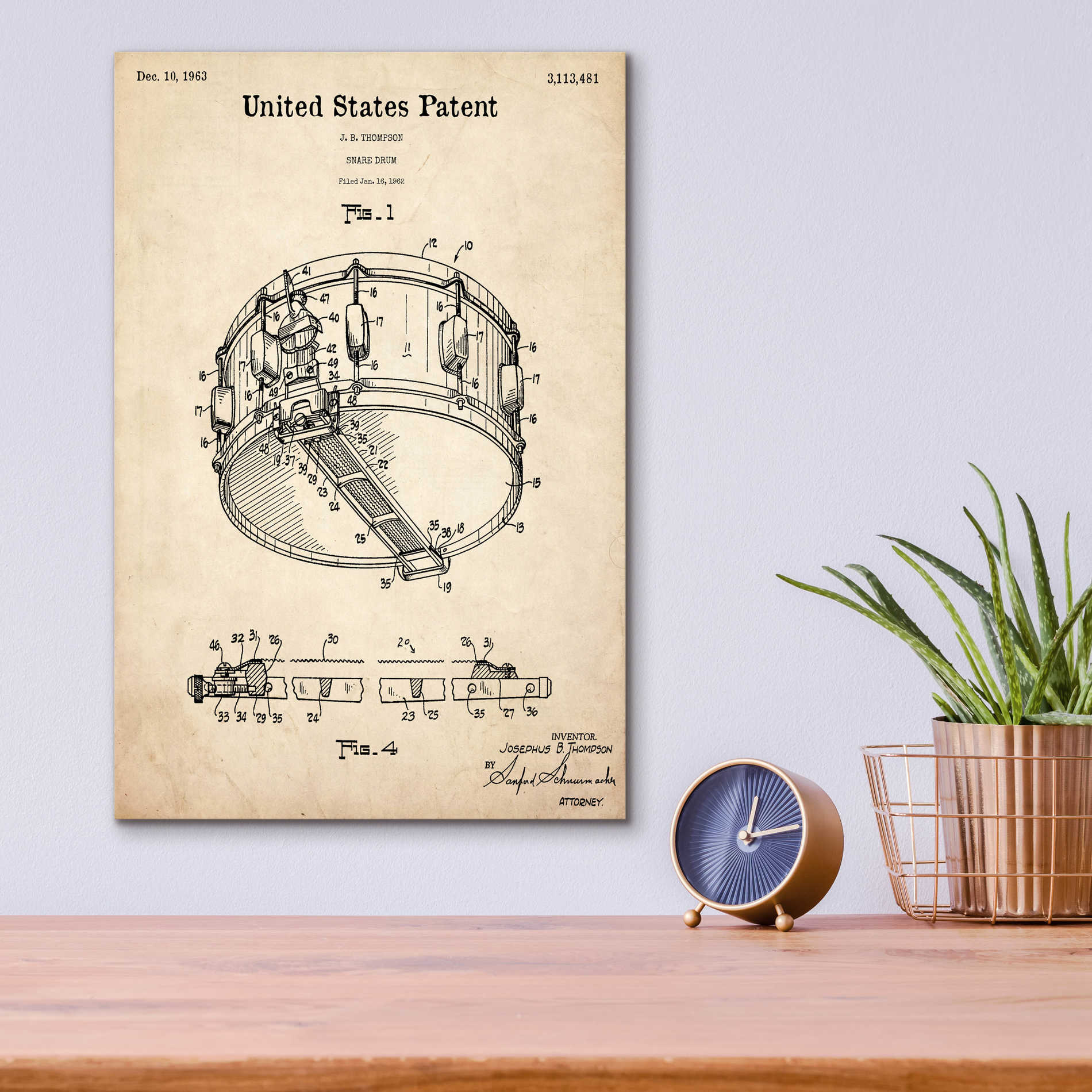 Epic Art 'Snare Drum Blueprint Patent Parchment,' Acrylic Glass Wall Art,12x16