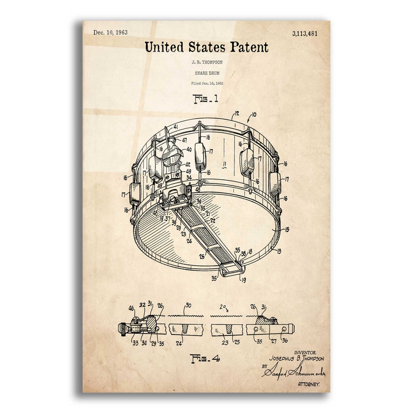 Epic Art 'Snare Drum Blueprint Patent Parchment,' Acrylic Glass Wall Art,12x16