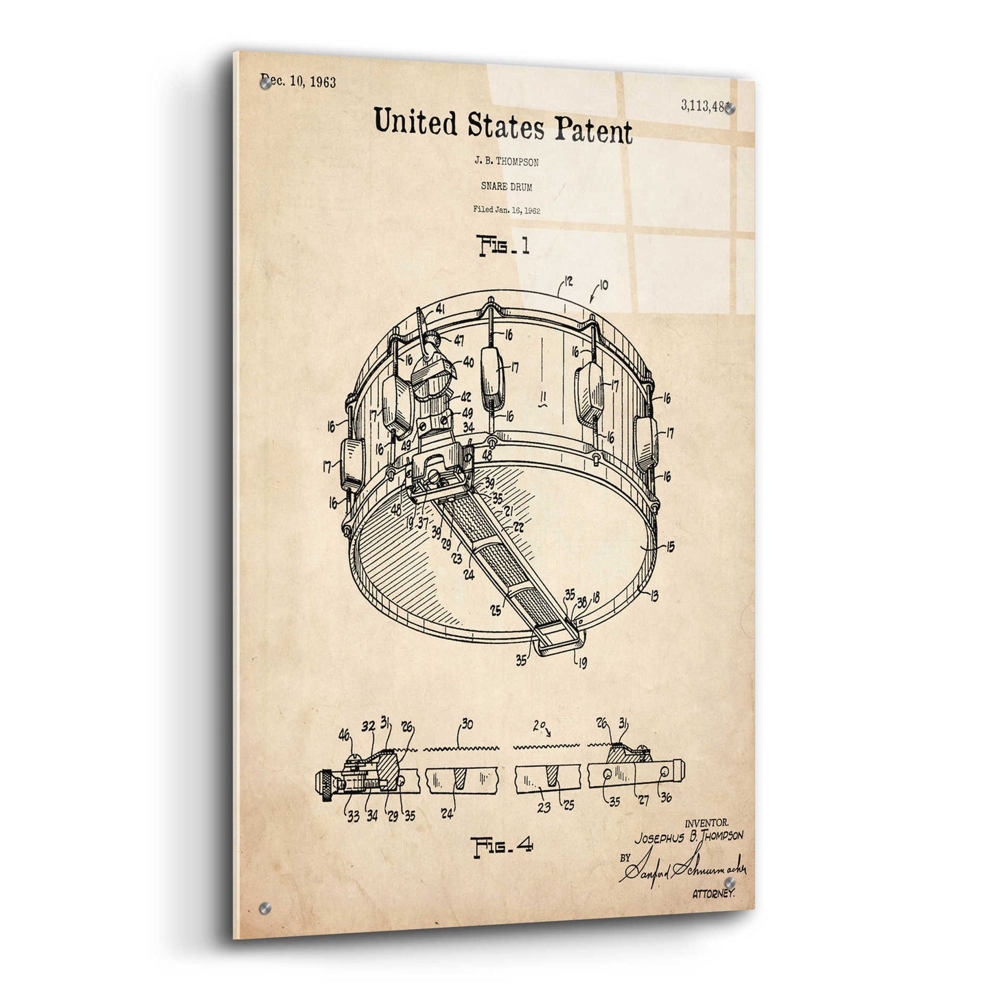 Epic Art 'Snare Drum Blueprint Patent Parchment,' Acrylic Glass Wall Art,24x36