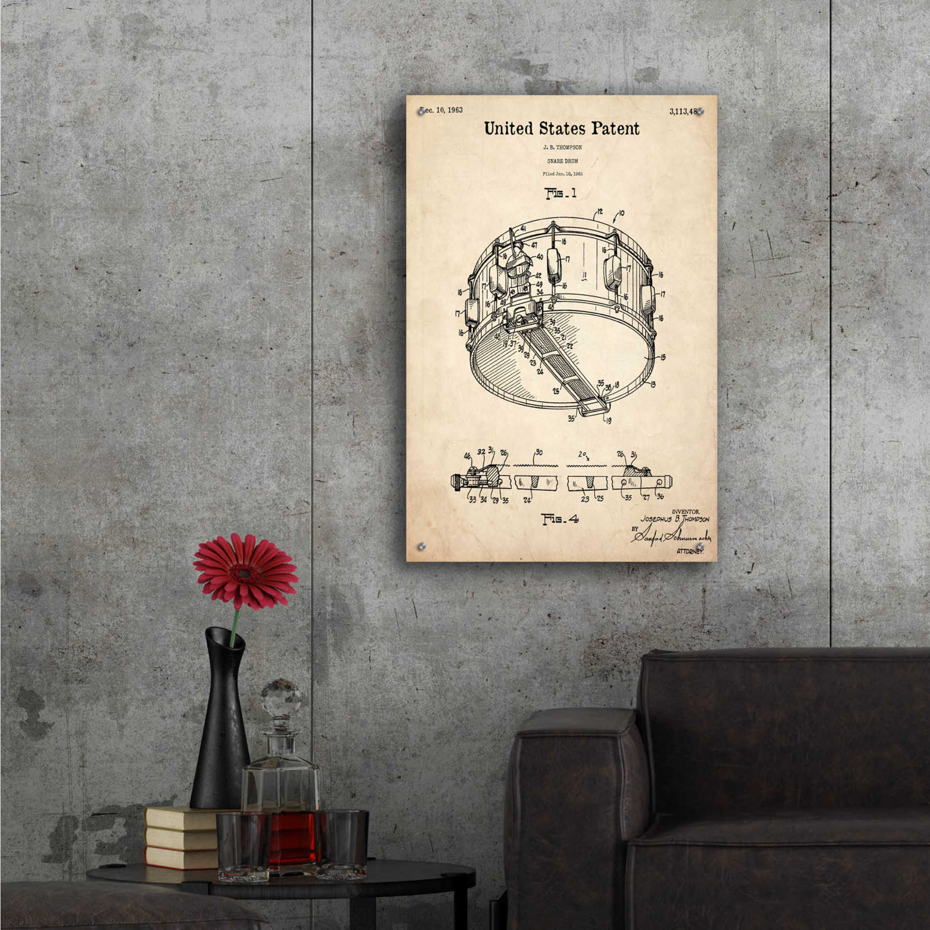 Epic Art 'Snare Drum Blueprint Patent Parchment,' Acrylic Glass Wall Art,24x36