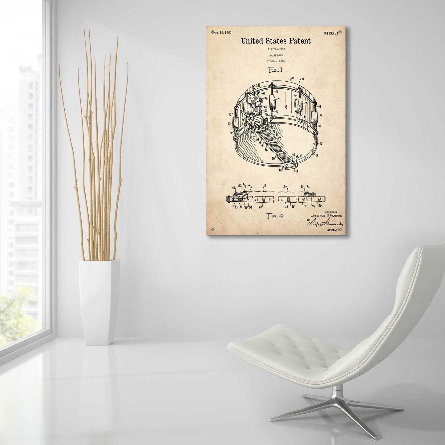 Epic Art 'Snare Drum Blueprint Patent Parchment,' Acrylic Glass Wall Art,24x36