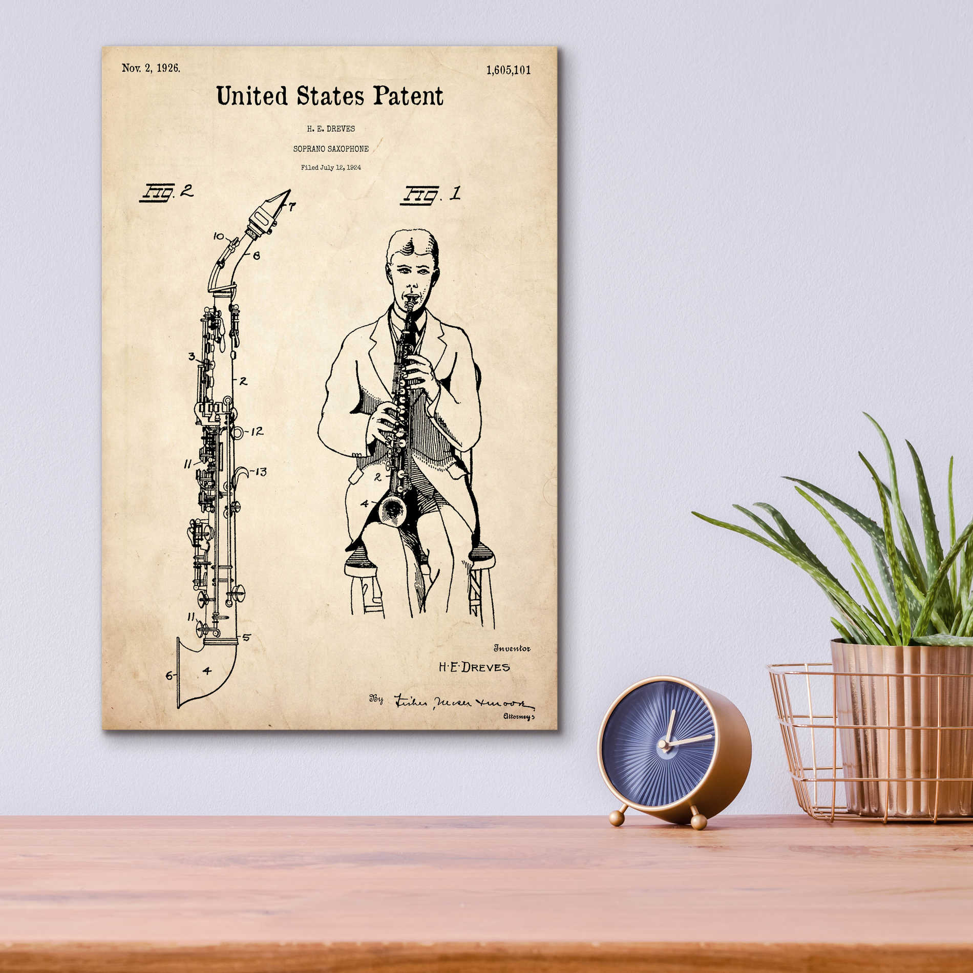 Epic Art 'Soprano Saxophone Blueprint Patent Parchment,' Acrylic Glass Wall Art,12x16