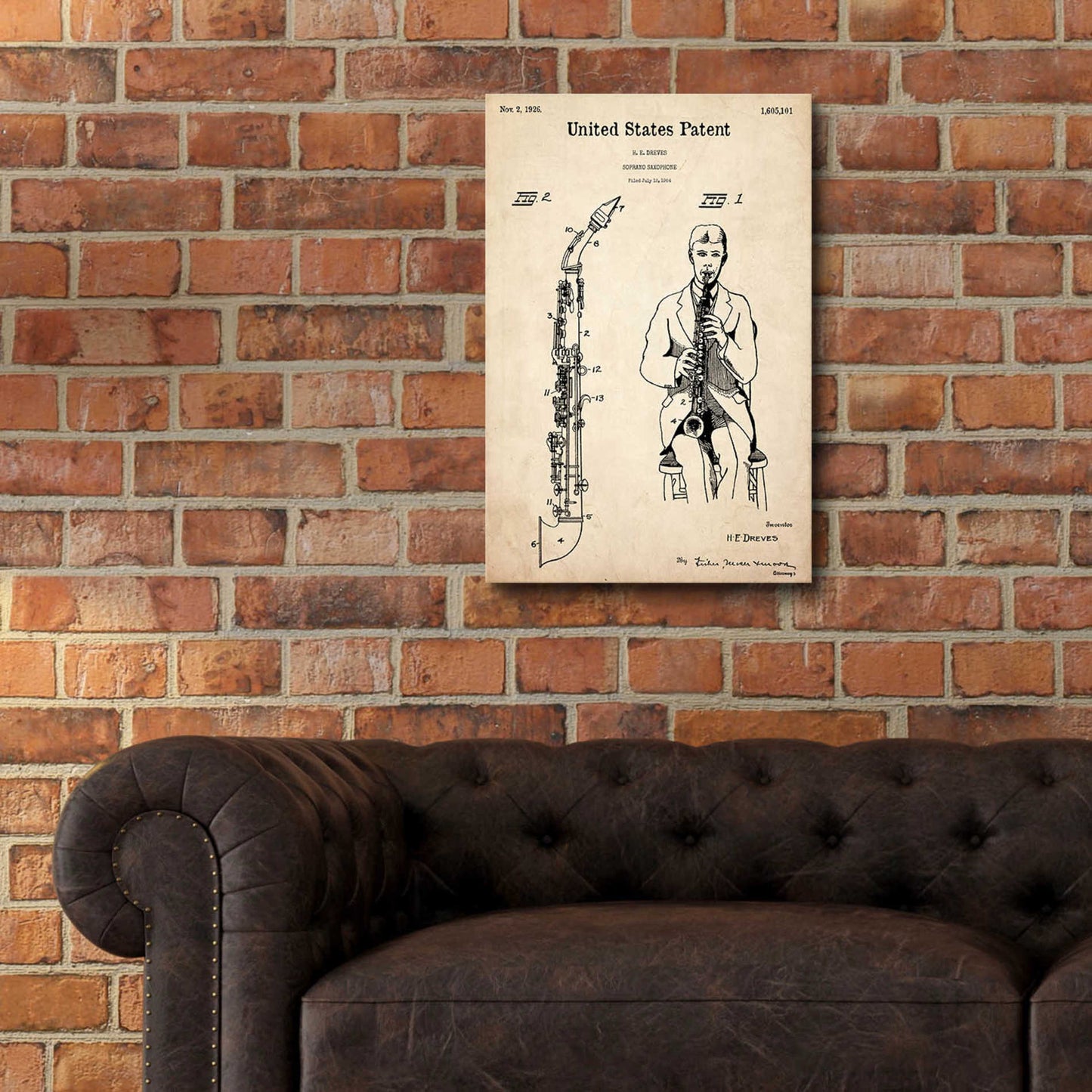 Epic Art 'Soprano Saxophone Blueprint Patent Parchment,' Acrylic Glass Wall Art,16x24