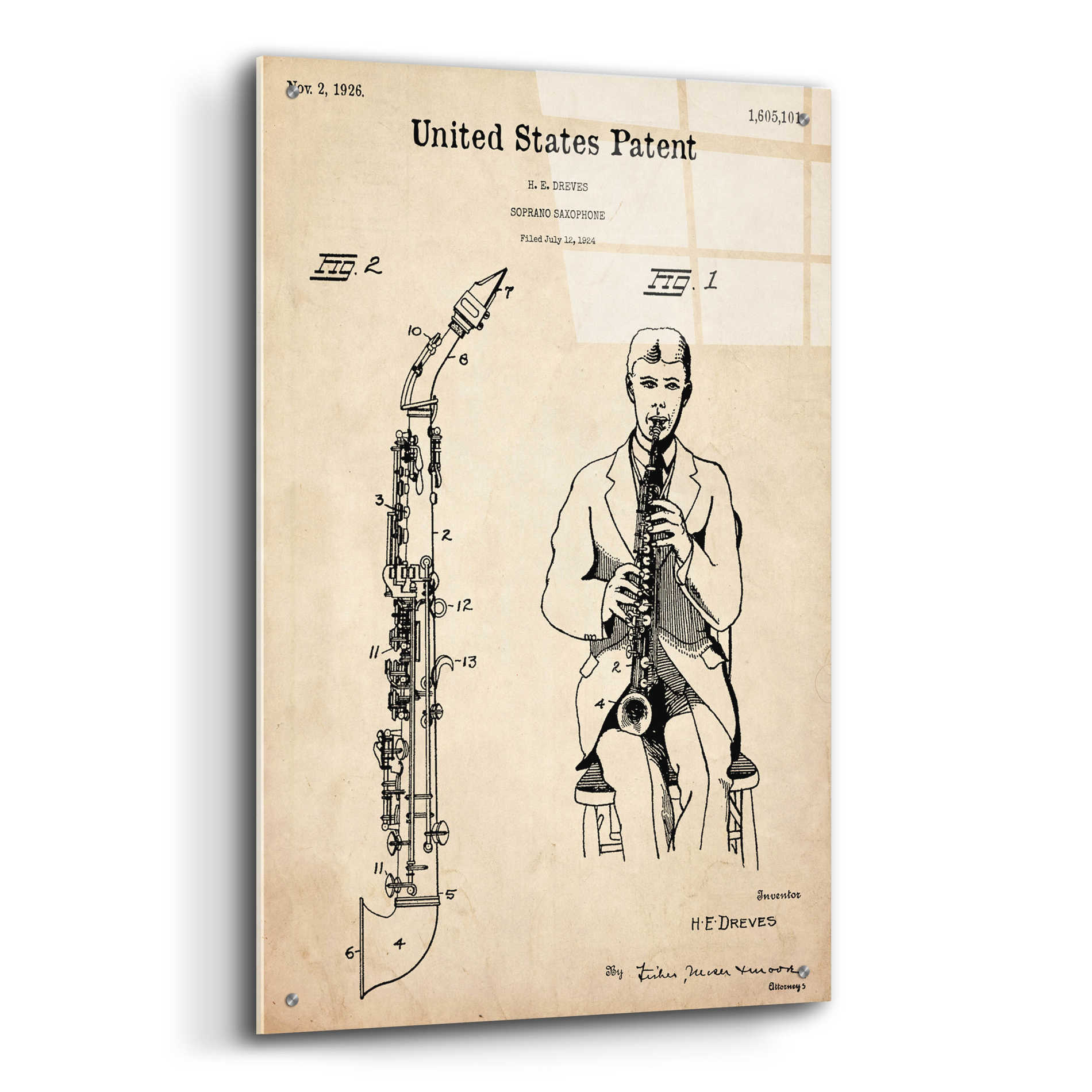 Epic Art 'Soprano Saxophone Blueprint Patent Parchment,' Acrylic Glass Wall Art,24x36