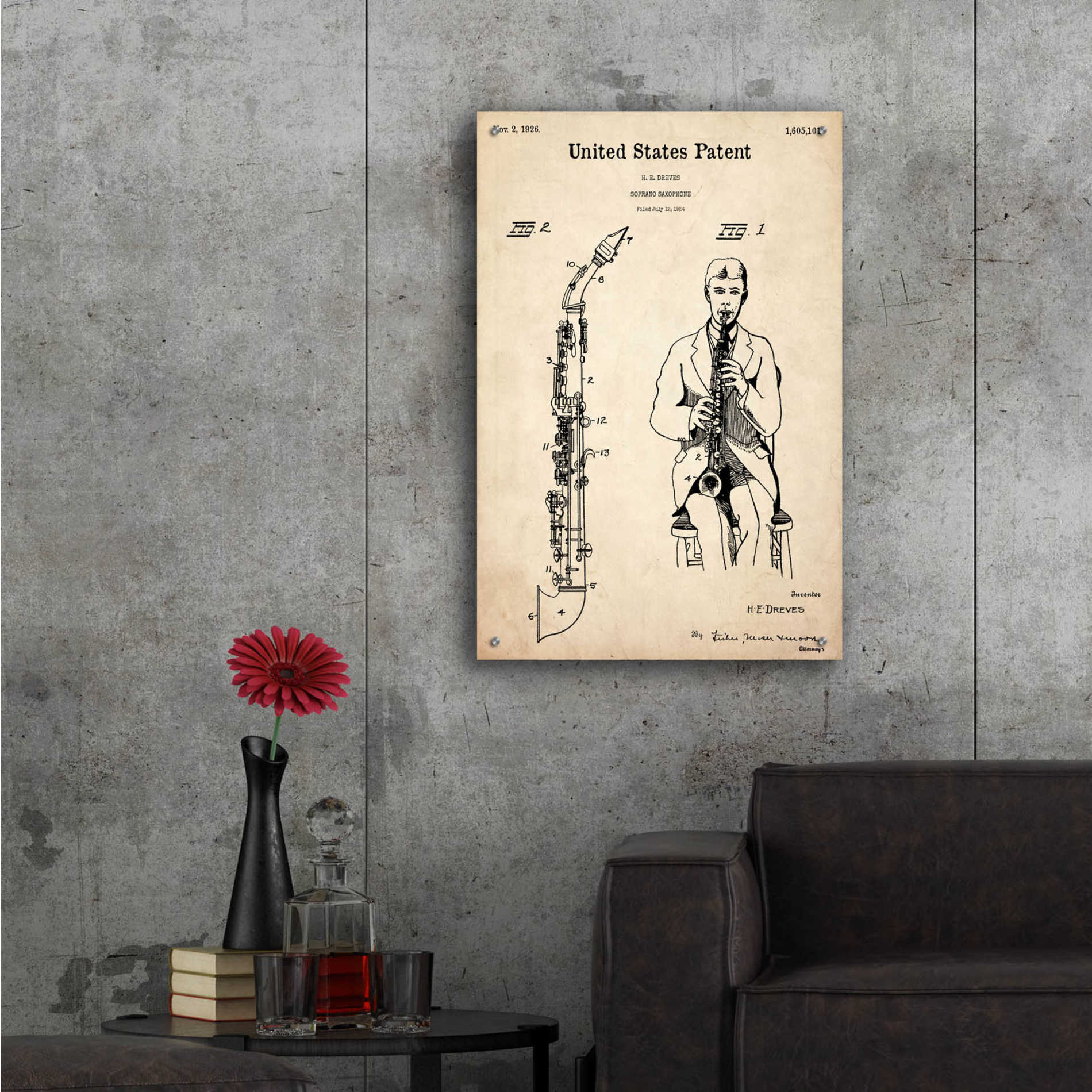 Epic Art 'Soprano Saxophone Blueprint Patent Parchment,' Acrylic Glass Wall Art,24x36