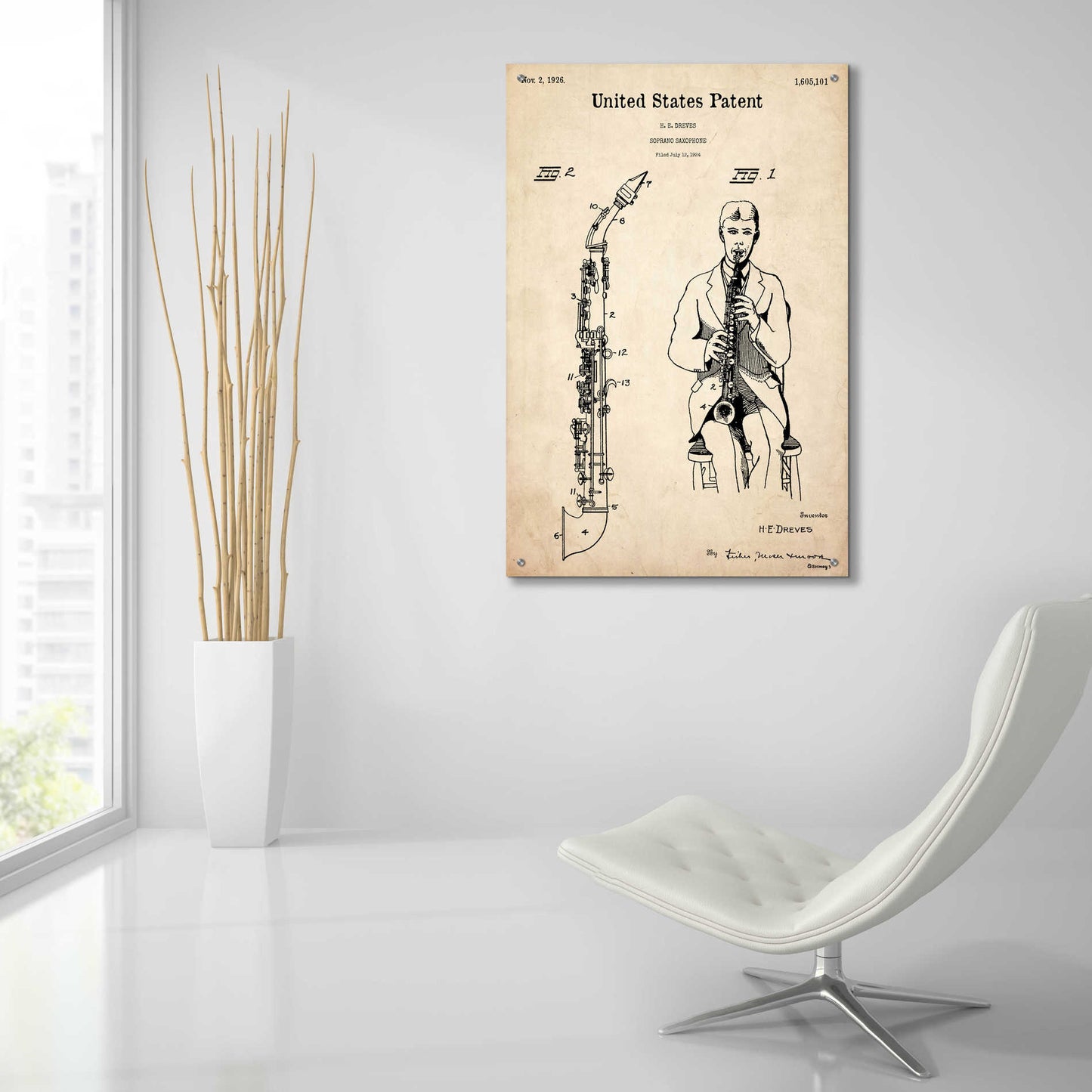 Epic Art 'Soprano Saxophone Blueprint Patent Parchment,' Acrylic Glass Wall Art,24x36