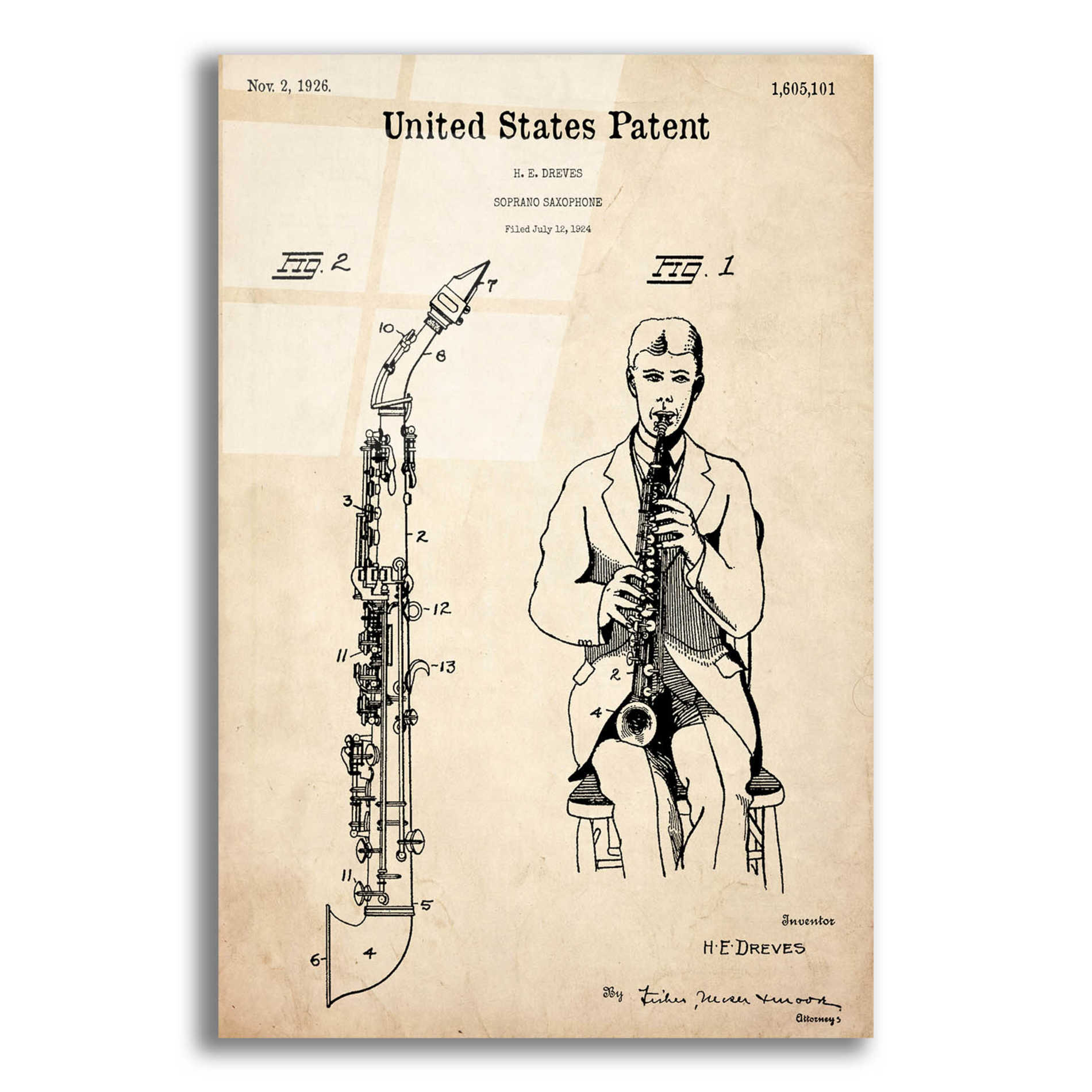 Epic Art 'Soprano Saxophone Blueprint Patent Parchment,' Acrylic Glass Wall Art,12x16x1.1x0,18x26x1.1x0,26x34x1.74x0,40x54x1.74x0