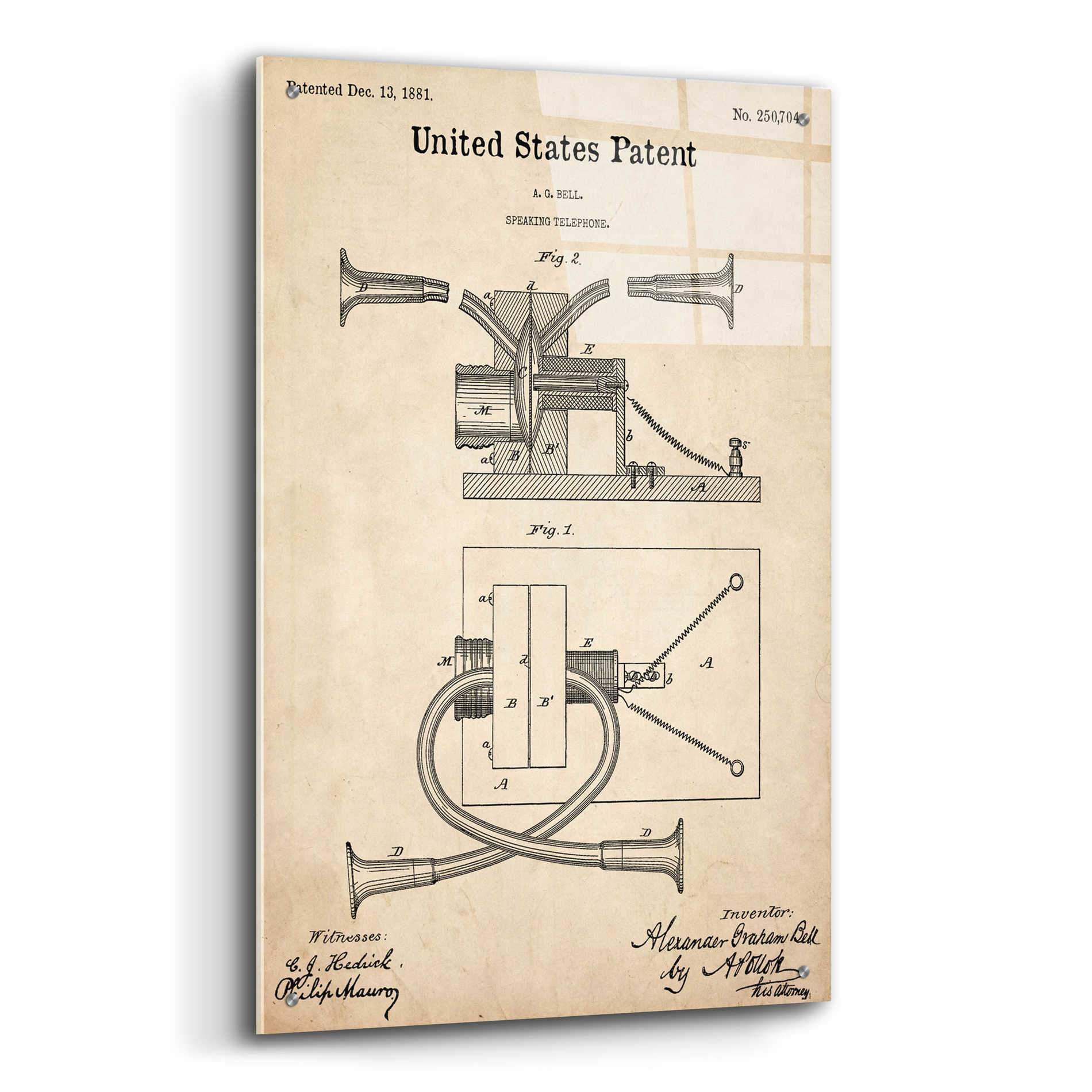 Epic Art 'Speaking Telephone Blueprint Patent Parchment,' Acrylic Glass Wall Art,24x36