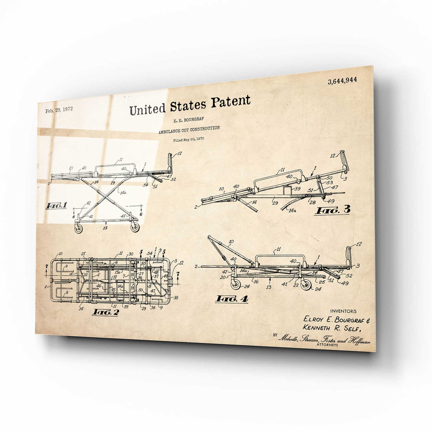 Epic Art 'EMT Stretcher Blueprint Patent Parchment,' Acrylic Glass Wall Art,16x12