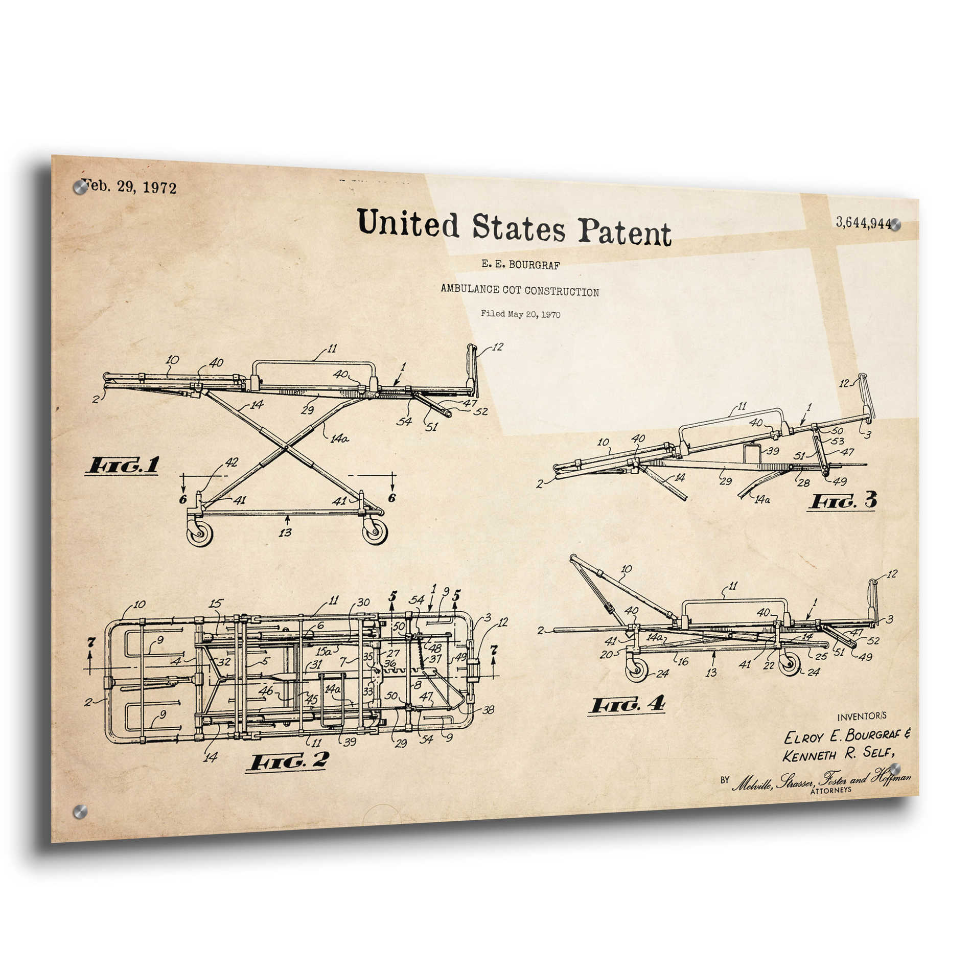 Epic Art 'EMT Stretcher Blueprint Patent Parchment,' Acrylic Glass Wall Art,36x24