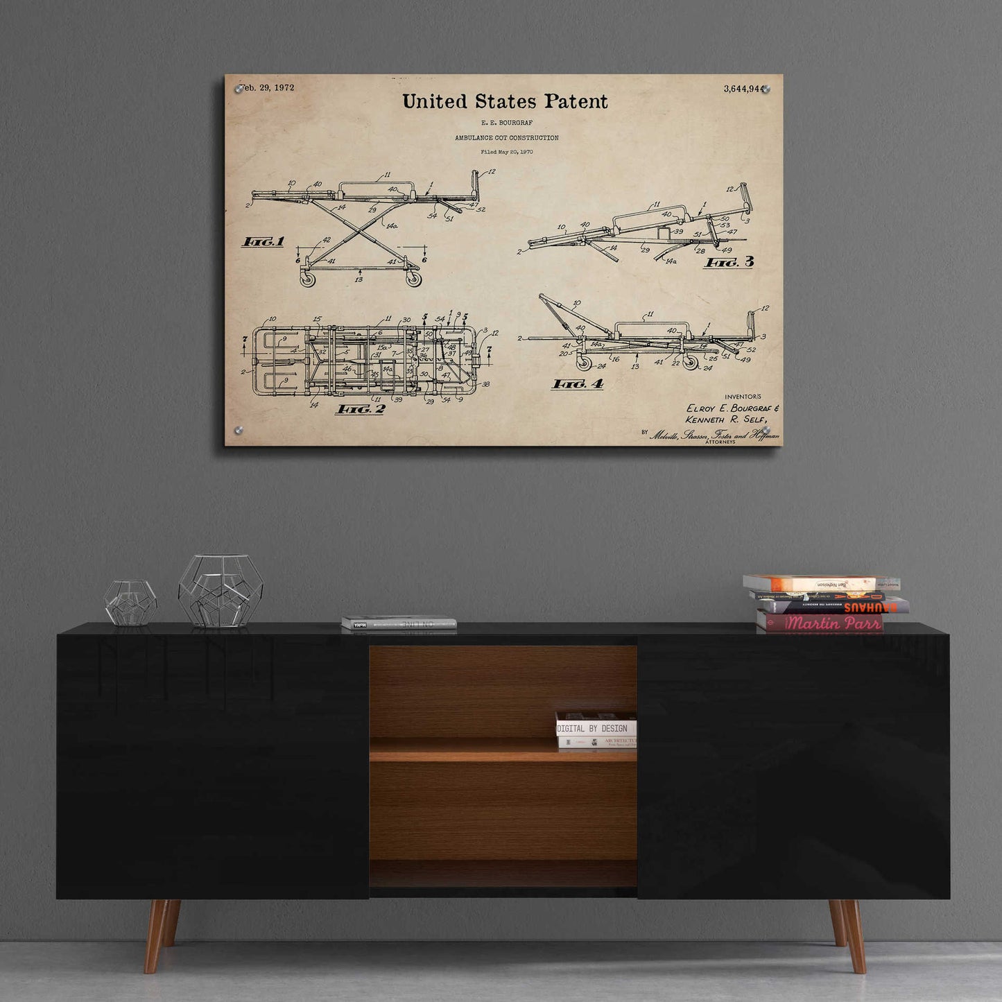 Epic Art 'EMT Stretcher Blueprint Patent Parchment,' Acrylic Glass Wall Art,36x24