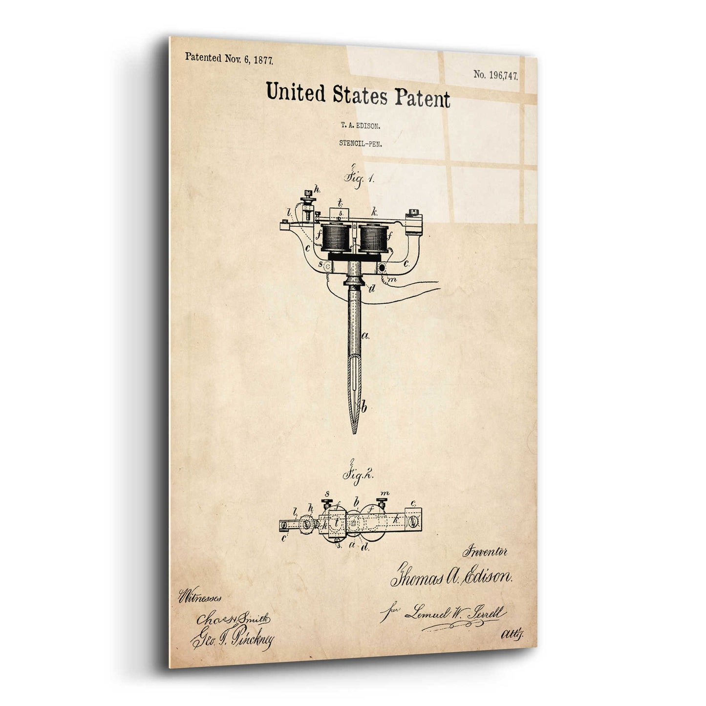 Epic Art 'Tattoo Stencil Pen Blueprint Patent Parchment,' Acrylic Glass Wall Art,12x16