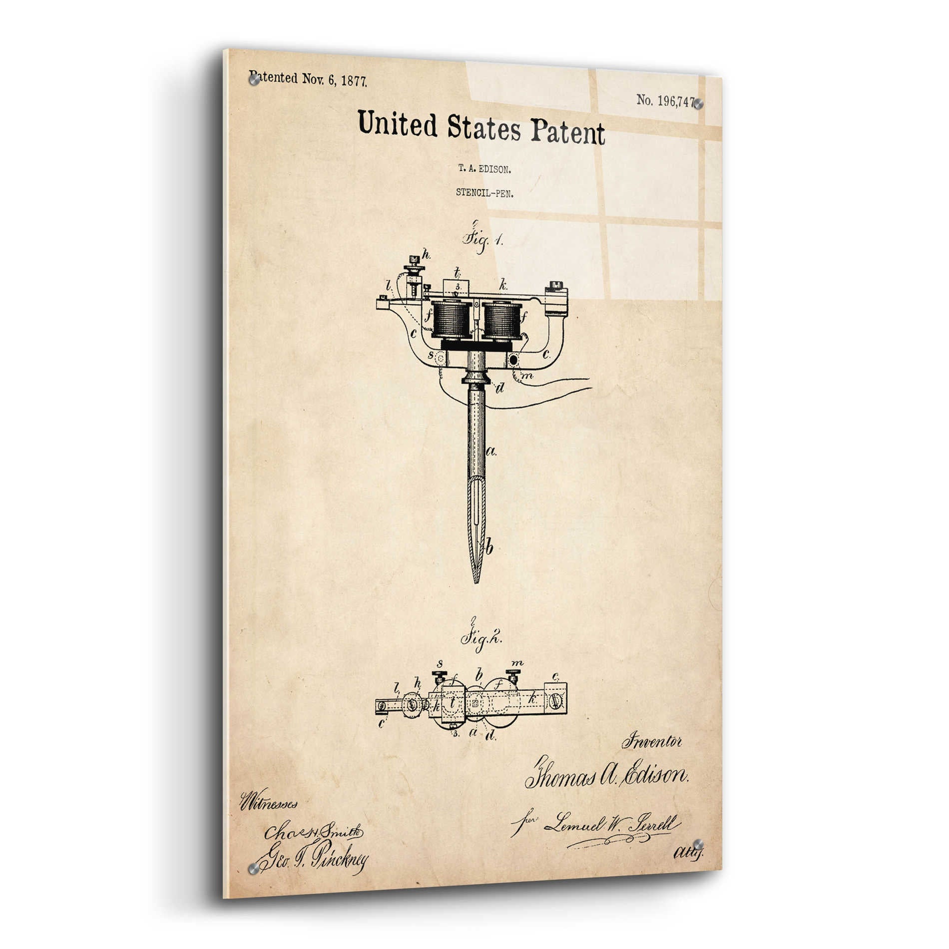 Epic Art 'Tattoo Stencil Pen Blueprint Patent Parchment,' Acrylic Glass Wall Art,24x36