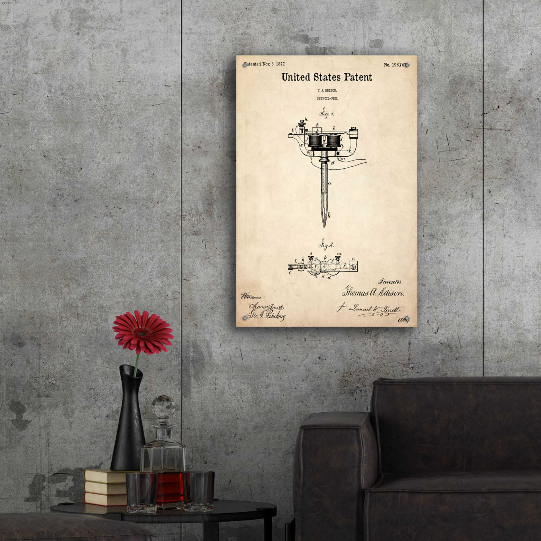 Epic Art 'Tattoo Stencil Pen Blueprint Patent Parchment,' Acrylic Glass Wall Art,24x36