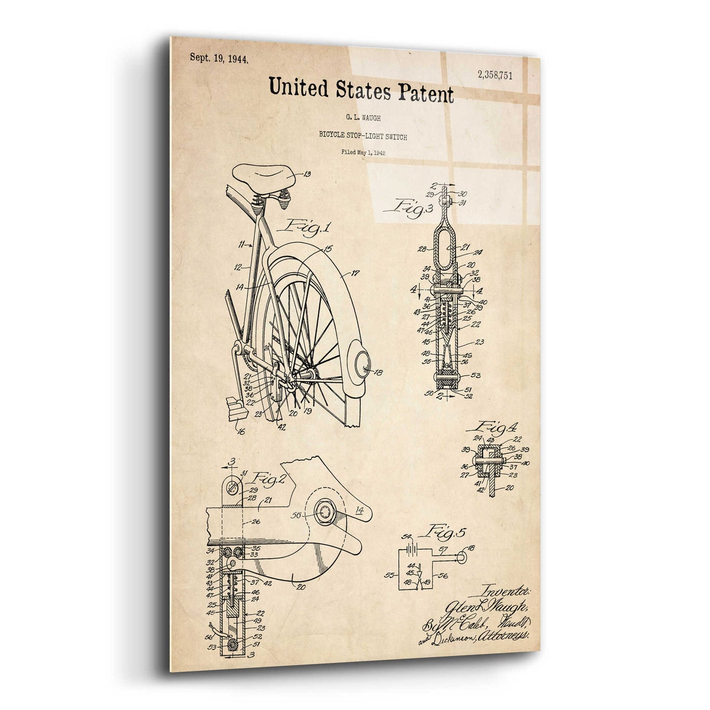 Epic Art 'Bicycle Stop-light Switch Blueprint Patent Parchment,' Acrylic Glass Wall Art,12x16