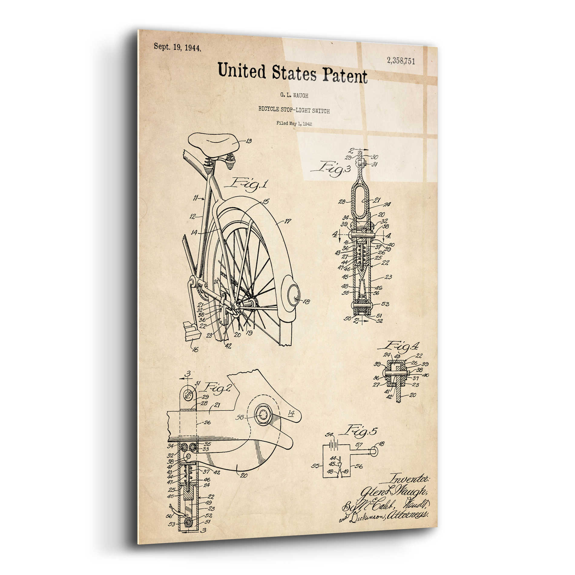 Epic Art 'Bicycle Stop-light Switch Blueprint Patent Parchment,' Acrylic Glass Wall Art,12x16