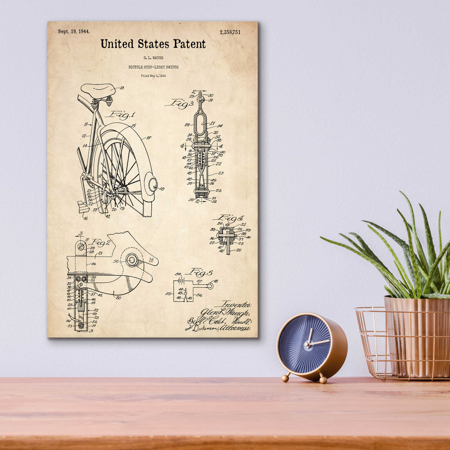 Epic Art 'Bicycle Stop-light Switch Blueprint Patent Parchment,' Acrylic Glass Wall Art,12x16