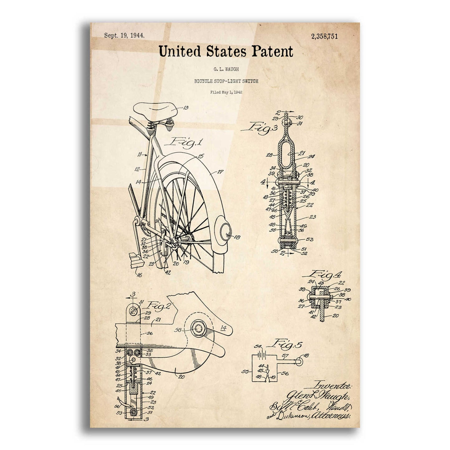 Epic Art 'Bicycle Stop-light Switch Blueprint Patent Parchment,' Acrylic Glass Wall Art,12x16