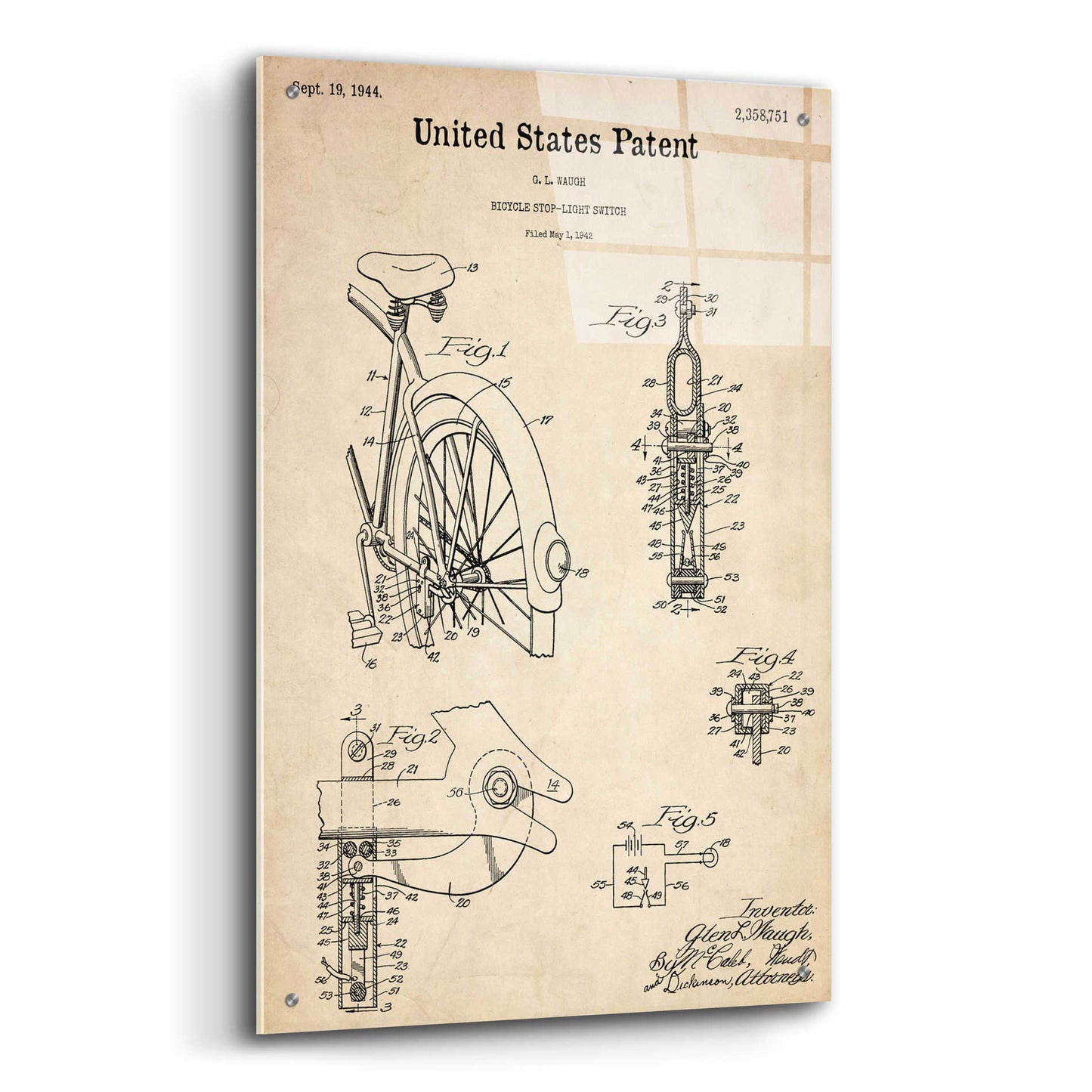 Epic Art 'Bicycle Stop-light Switch Blueprint Patent Parchment,' Acrylic Glass Wall Art,24x36