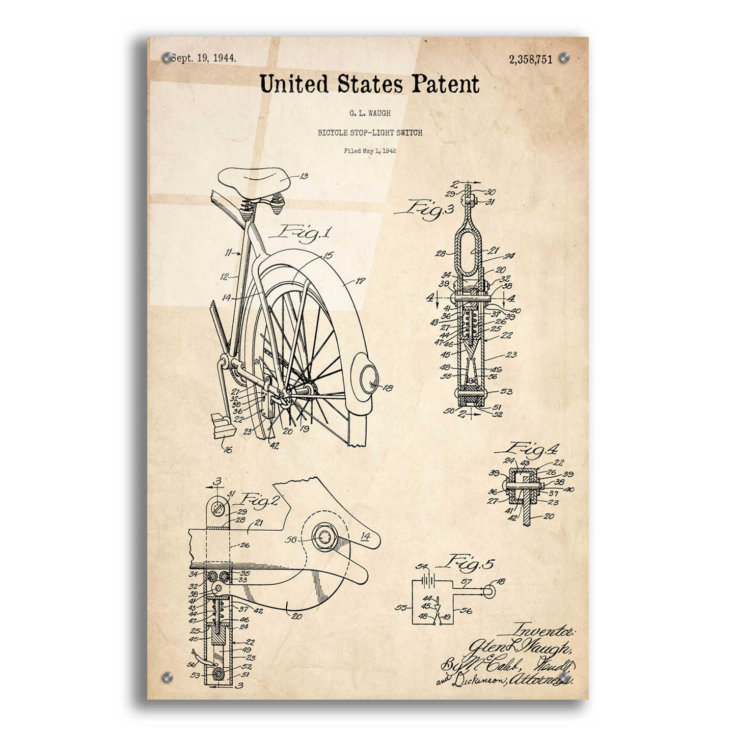 Epic Art 'Bicycle Stop-light Switch Blueprint Patent Parchment,' Acrylic Glass Wall Art,24x36