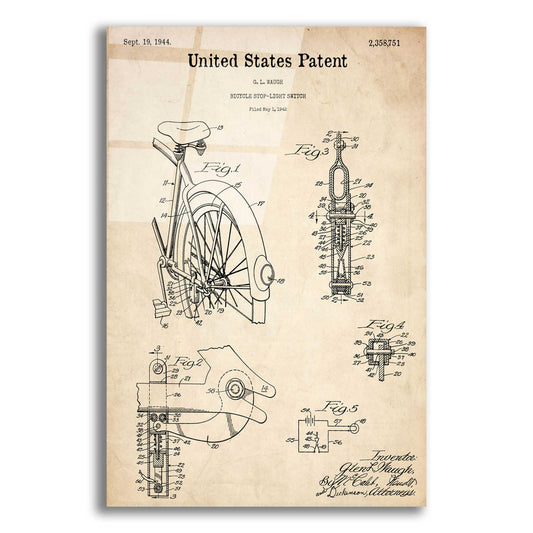 Epic Art 'Bicycle Stop-light Switch Blueprint Patent Parchment,' Acrylic Glass Wall Art,12x16x1.1x0,18x26x1.1x0,26x34x1.74x0,40x54x1.74x0