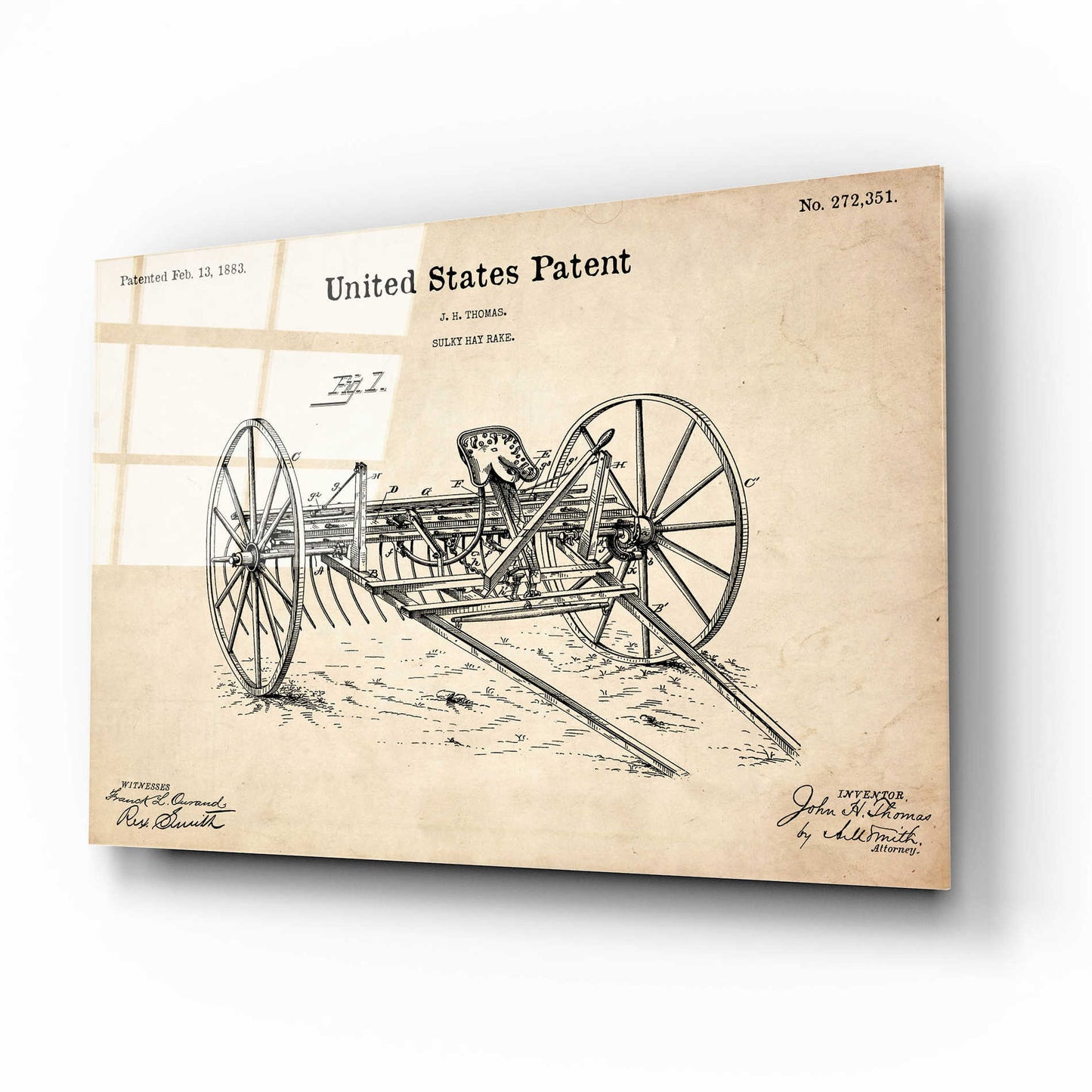 Epic Art 'Horse Drawn Hay Rake Blueprint Patent Parchment,' Acrylic Glass Wall Art,16x12