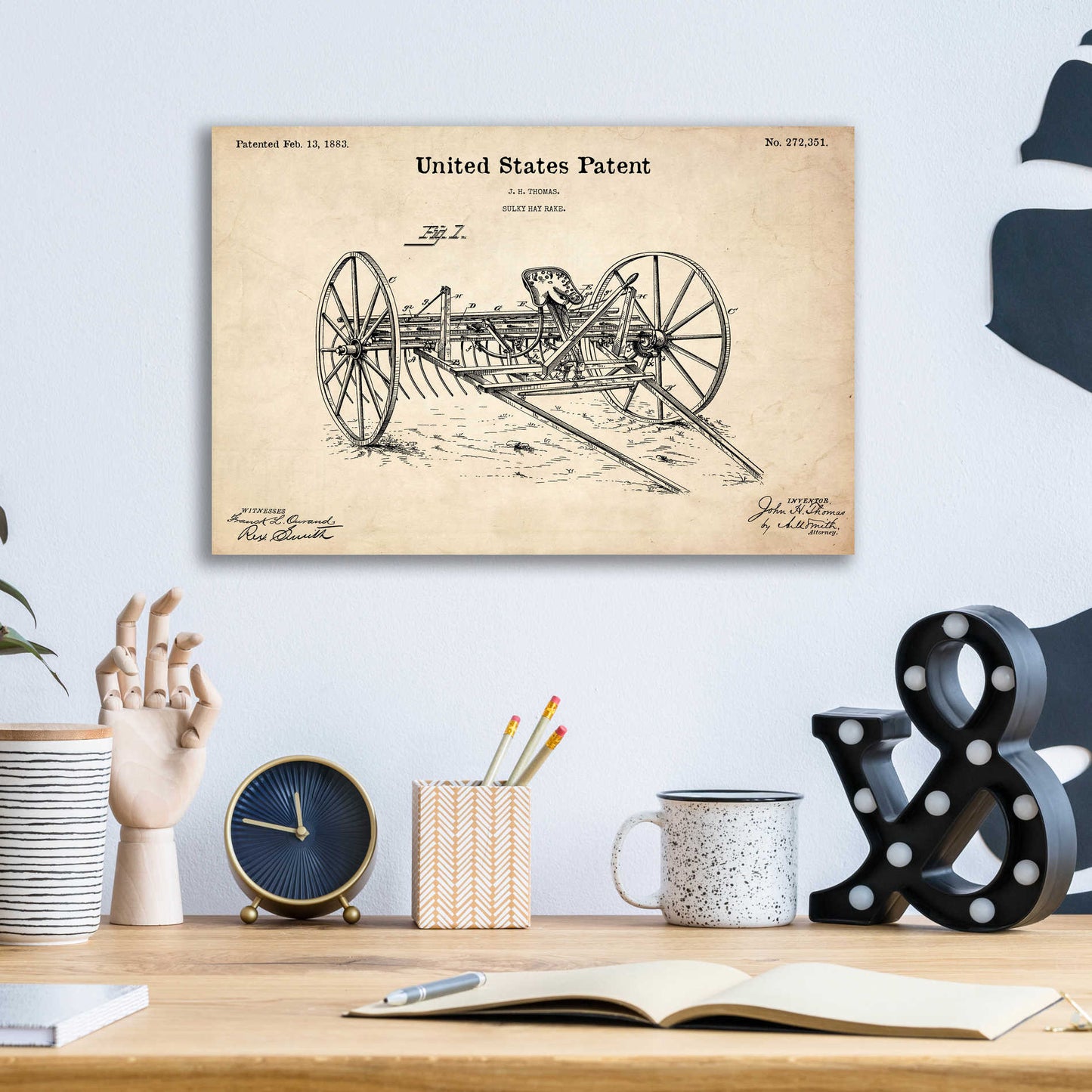Epic Art 'Horse Drawn Hay Rake Blueprint Patent Parchment,' Acrylic Glass Wall Art,16x12