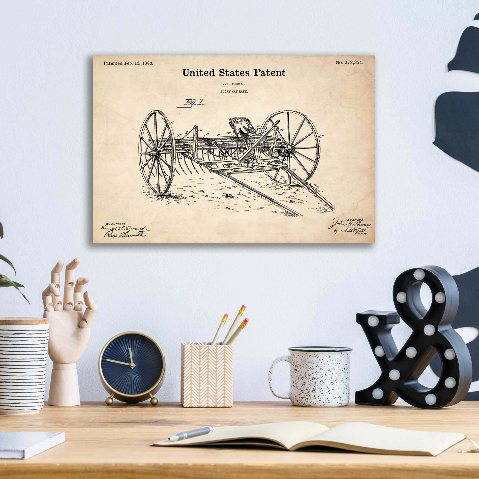 Epic Art 'Horse Drawn Hay Rake Blueprint Patent Parchment,' Acrylic Glass Wall Art,16x12