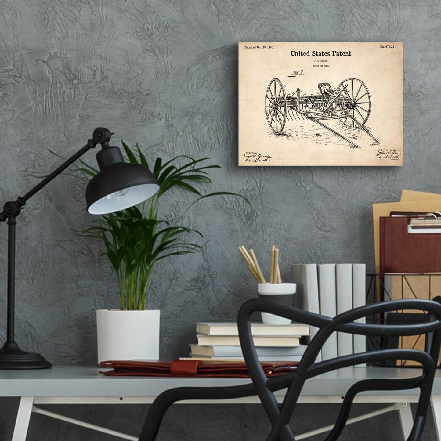 Epic Art 'Horse Drawn Hay Rake Blueprint Patent Parchment,' Acrylic Glass Wall Art,16x12