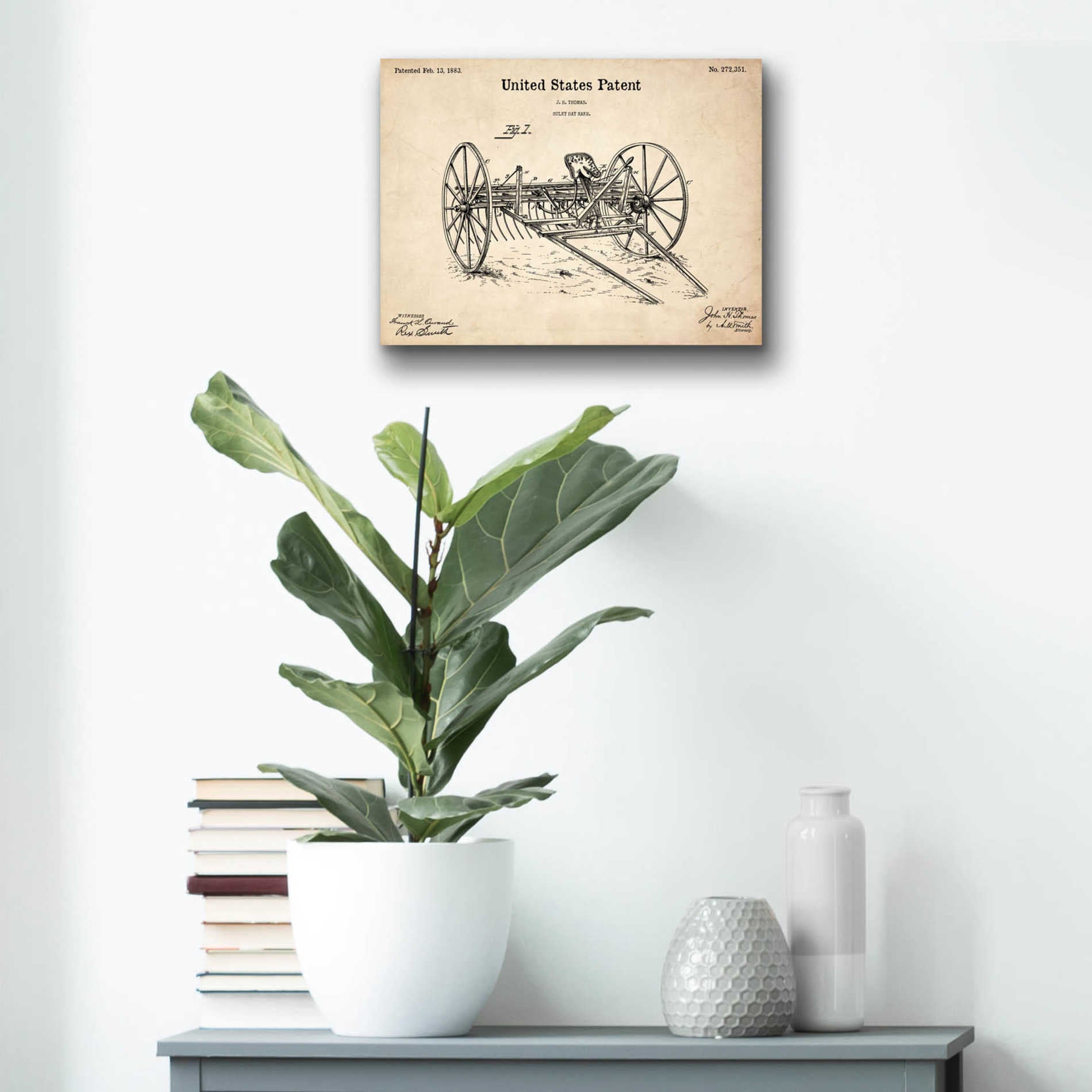 Epic Art 'Horse Drawn Hay Rake Blueprint Patent Parchment,' Acrylic Glass Wall Art,16x12