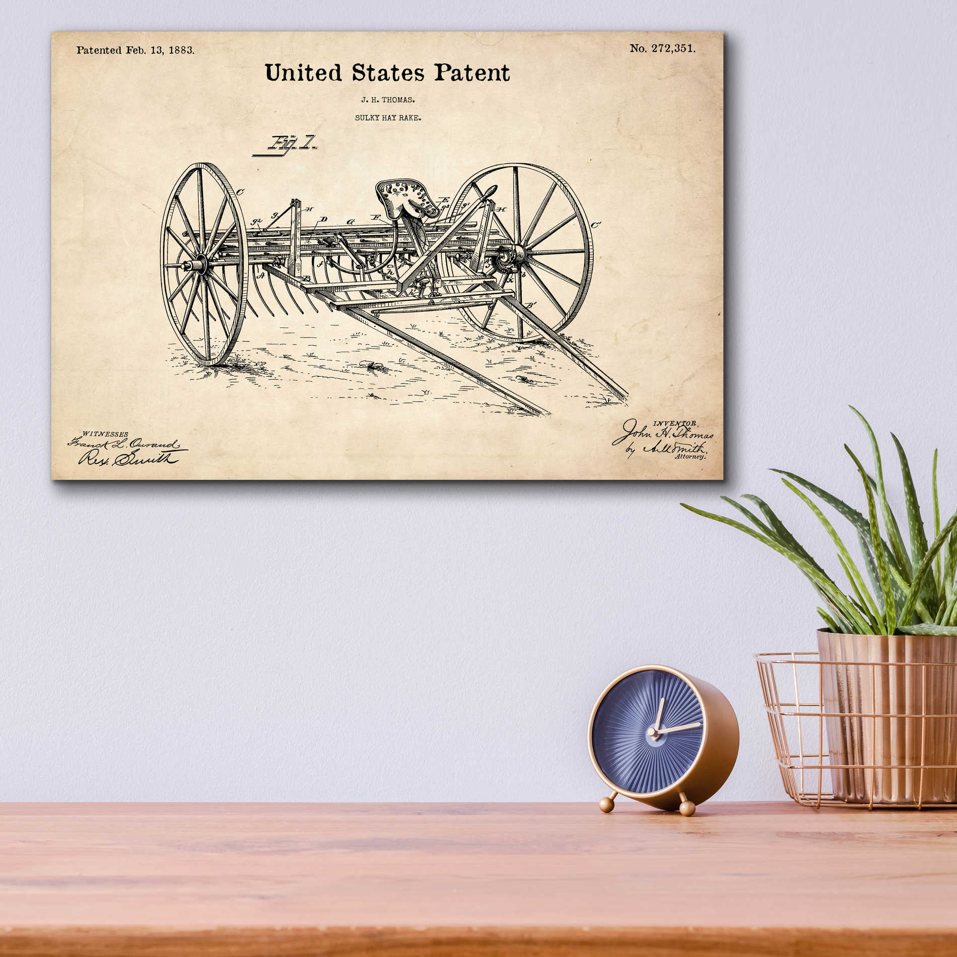 Epic Art 'Horse Drawn Hay Rake Blueprint Patent Parchment,' Acrylic Glass Wall Art,16x12
