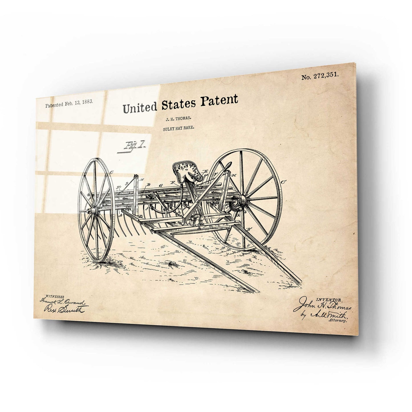 Epic Art 'Horse Drawn Hay Rake Blueprint Patent Parchment,' Acrylic Glass Wall Art,24x16