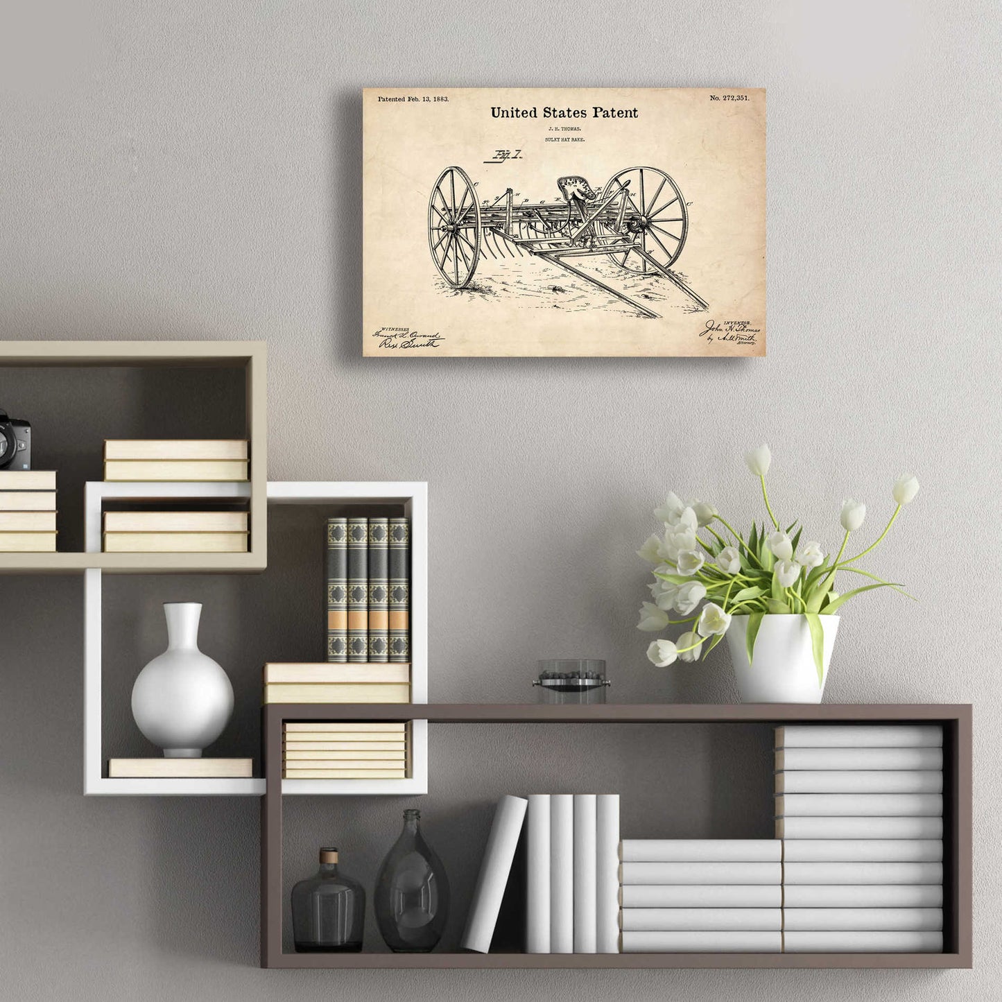 Epic Art 'Horse Drawn Hay Rake Blueprint Patent Parchment,' Acrylic Glass Wall Art,24x16
