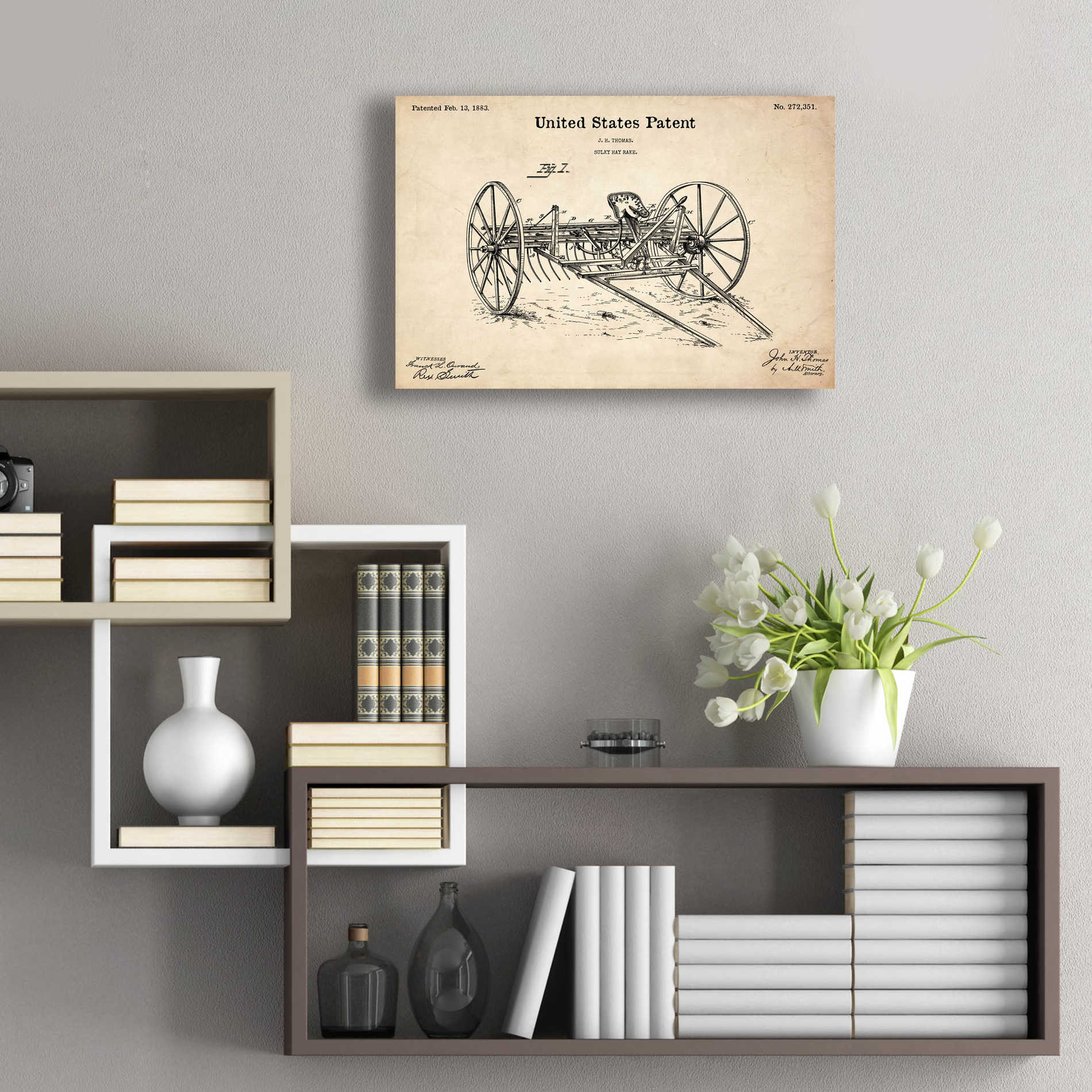 Epic Art 'Horse Drawn Hay Rake Blueprint Patent Parchment,' Acrylic Glass Wall Art,24x16