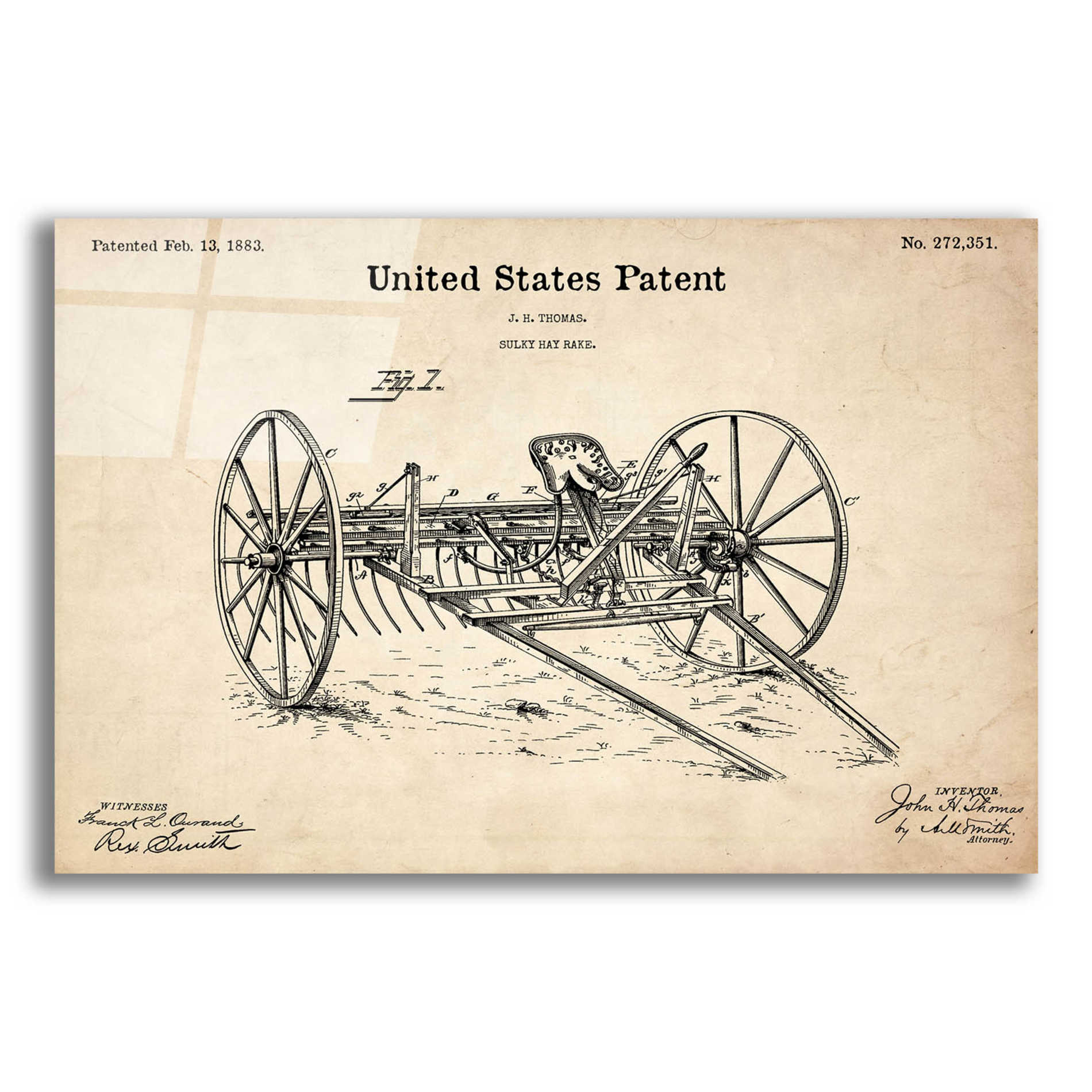 Epic Art 'Horse Drawn Hay Rake Blueprint Patent Parchment,' Acrylic Glass Wall Art,24x16