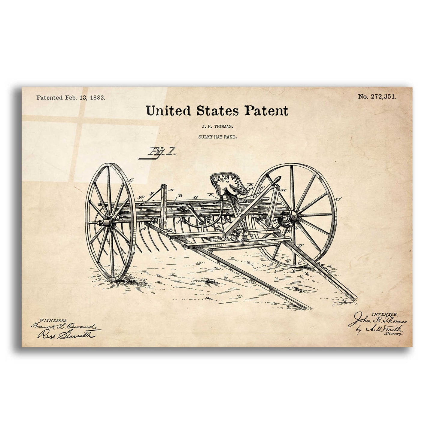 Epic Art 'Horse Drawn Hay Rake Blueprint Patent Parchment,' Acrylic Glass Wall Art,24x16
